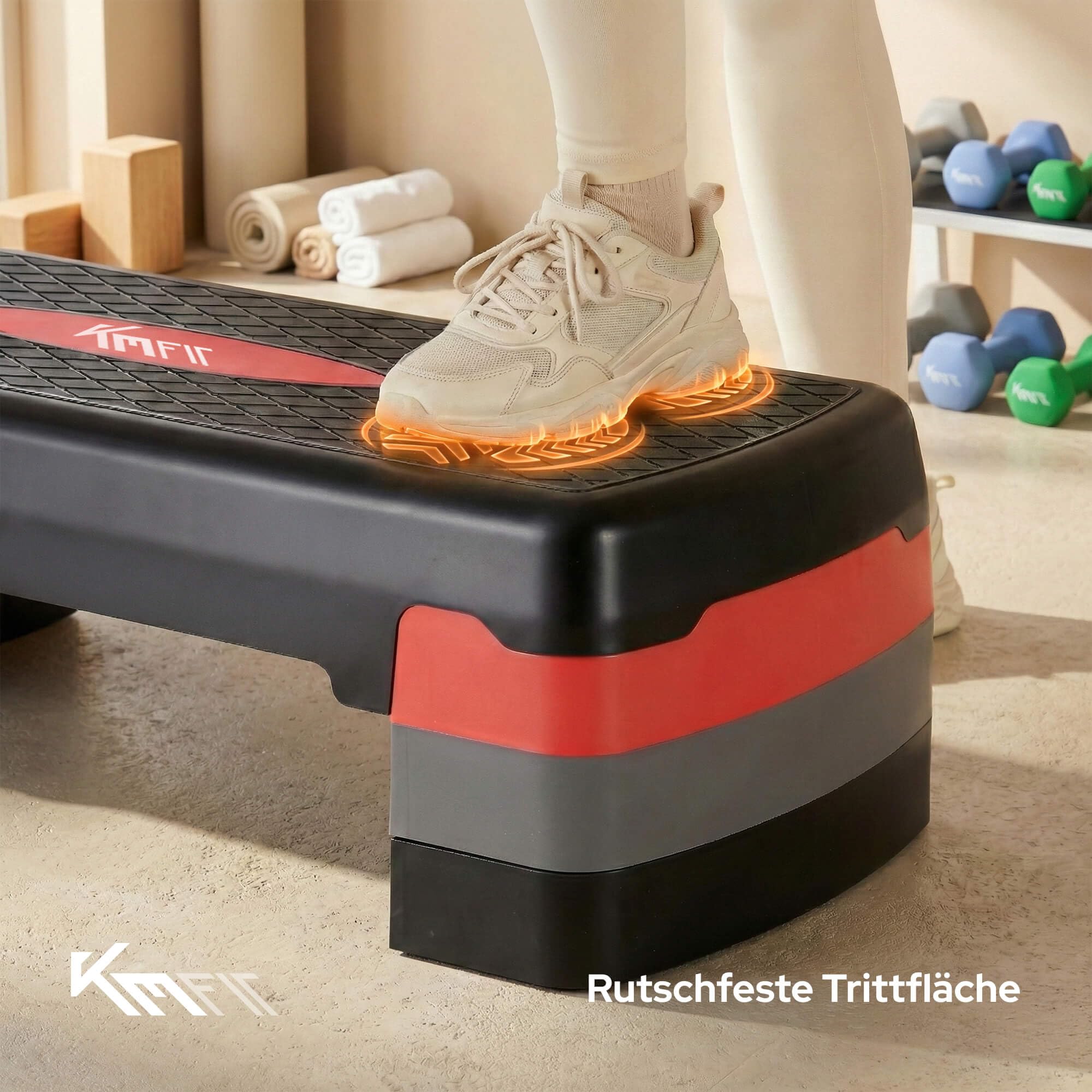 KM-Fit Fitness Stepper | Steppbrett Aerobic Stepper für zuhause | Step-Bench 3-fach höhenverstellbar | Belastbarkeit bis 200 kg | Gymnastik Home-Stepper mit Anti-Rutsch-Matte | Aerobic Steppbank