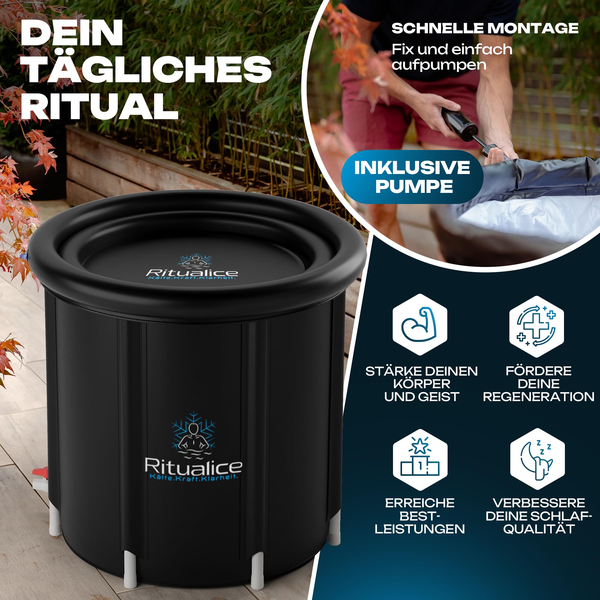 Eisbad XL 80 cm Komplettset mit Deckel & Stoffbezug | Eistonne/Eiswanne für Kryotherapie, Eisbaden & Cold Plunge zuhause, 8 Stützstangen, 5-Schichten-Material