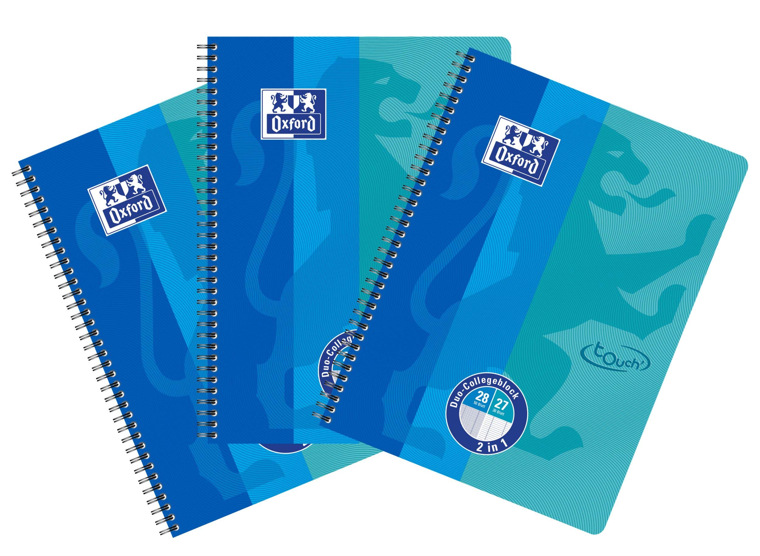 Oxford Schule Collegeblock A4, 5 linierte und 5 karierte Blöcke, rot, orange, 10er Pack & DUO Collegeblock A4 kariert und liniert kombiniert in einem Block, blau, 3er Pack