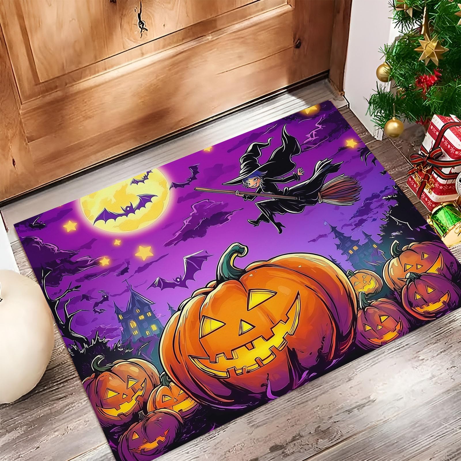 Paillasson interieur entree anime Halloween violet fonce 60x90cm absorbant et antiderapant