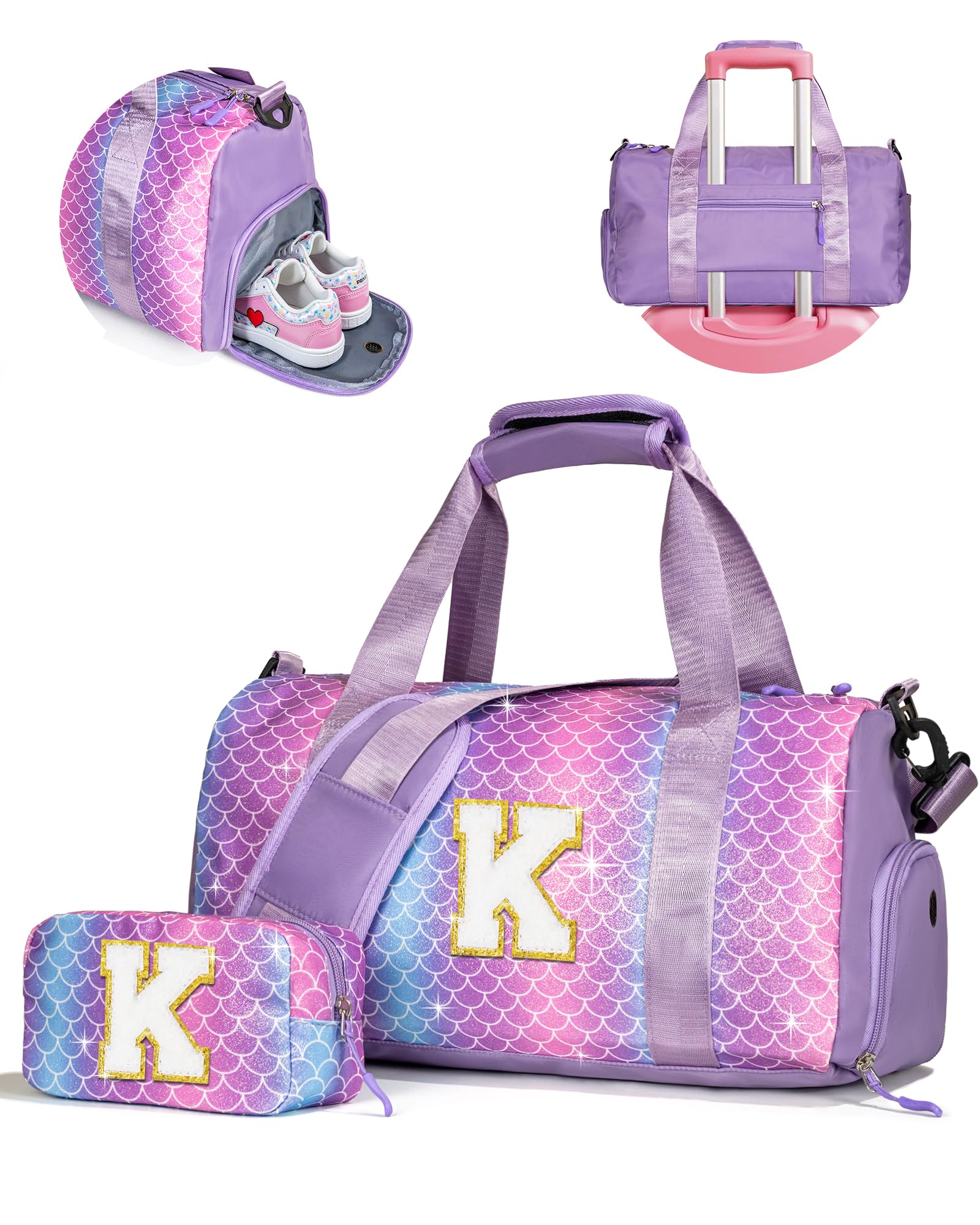 Vogewood Girls Cheer Up Gifts-Girl Gym Bag with Shoe Compartment, Kid Personalized Weekender Overnight Bags, Initial Travel Tote with Makeup Pouch,