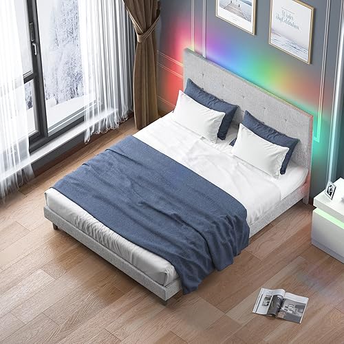Vista 6 de Mjkone Full Size Bed Frame with Smart RGB LED Lights Button Tufted Bed Frames with Adjustable Headboard Linen Fabric Upholstered Platform Bed No Box