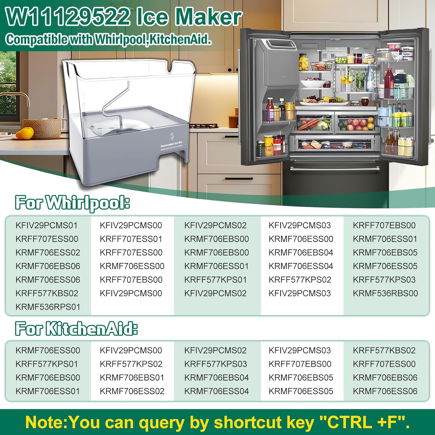 Upgraded W11129522 Refrigerator Ice Bucket Compatible with Whirlpool Ice Maker Tray Replacement W10564750 Whirlpool Removable Ice Bin Bucket Parts KRMF706ESS05 KRFF707ESS01 Ice Maker Replacement