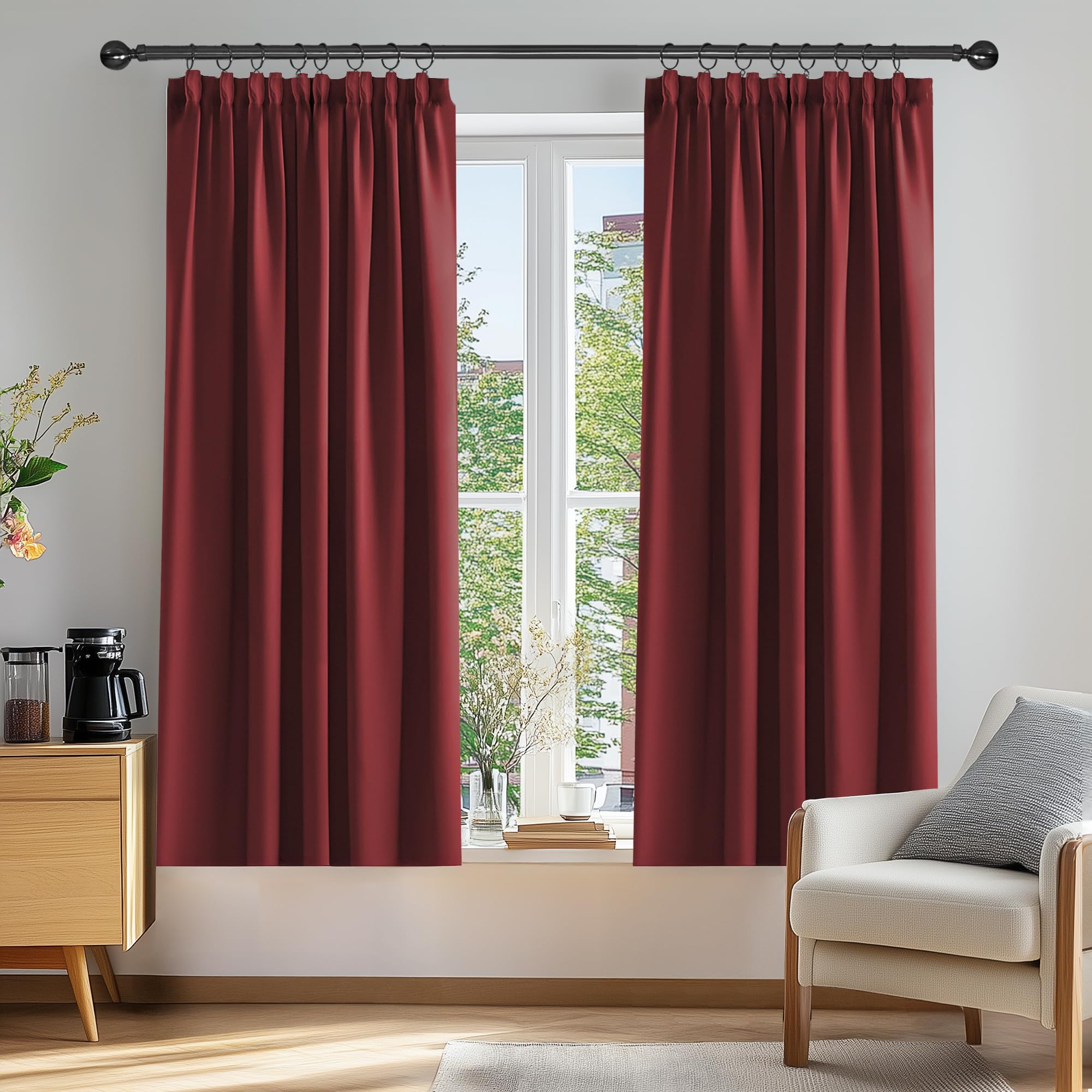 Deconovo Vorhang Gardinen Blickdicht Verdunkelungsvorhang Kräuselband Vorhang gegen Kälte Vorhänge, 138x117 cm(HöhexBreite), Rot, 2er Set