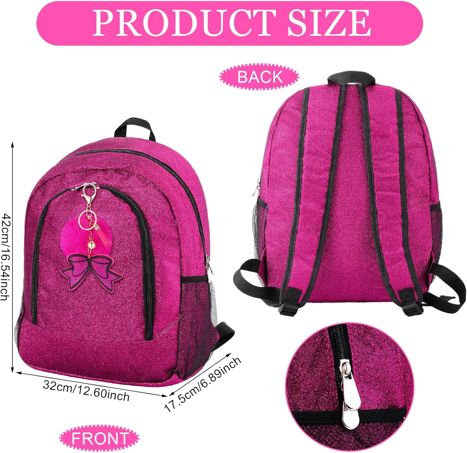Large Cheer Backpack with Bow Keychain Cheerleading Glitter Backpack Cheerleaders Gift Cheer Bags for Sport(Hot Pink) - Image 2