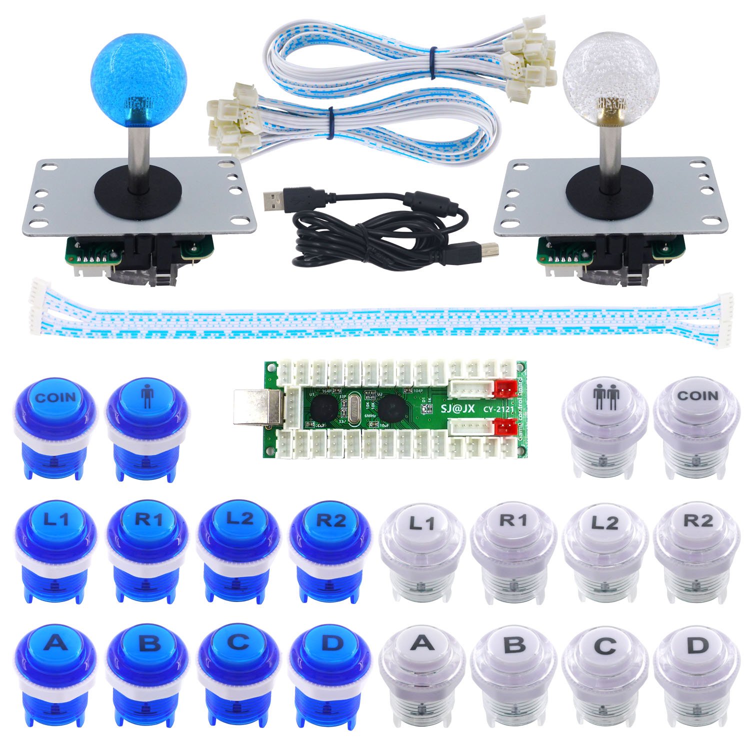 SJ@JX Gra zręcznościowa dla 2 graczy, zestaw DIY, przycisk LED, bez opóźnień, koder USB, 2 gracze, mechaniczna klawiatura, przełącznik, arkada, kontroler joysticka, PC, Raspberry Pi 2/3