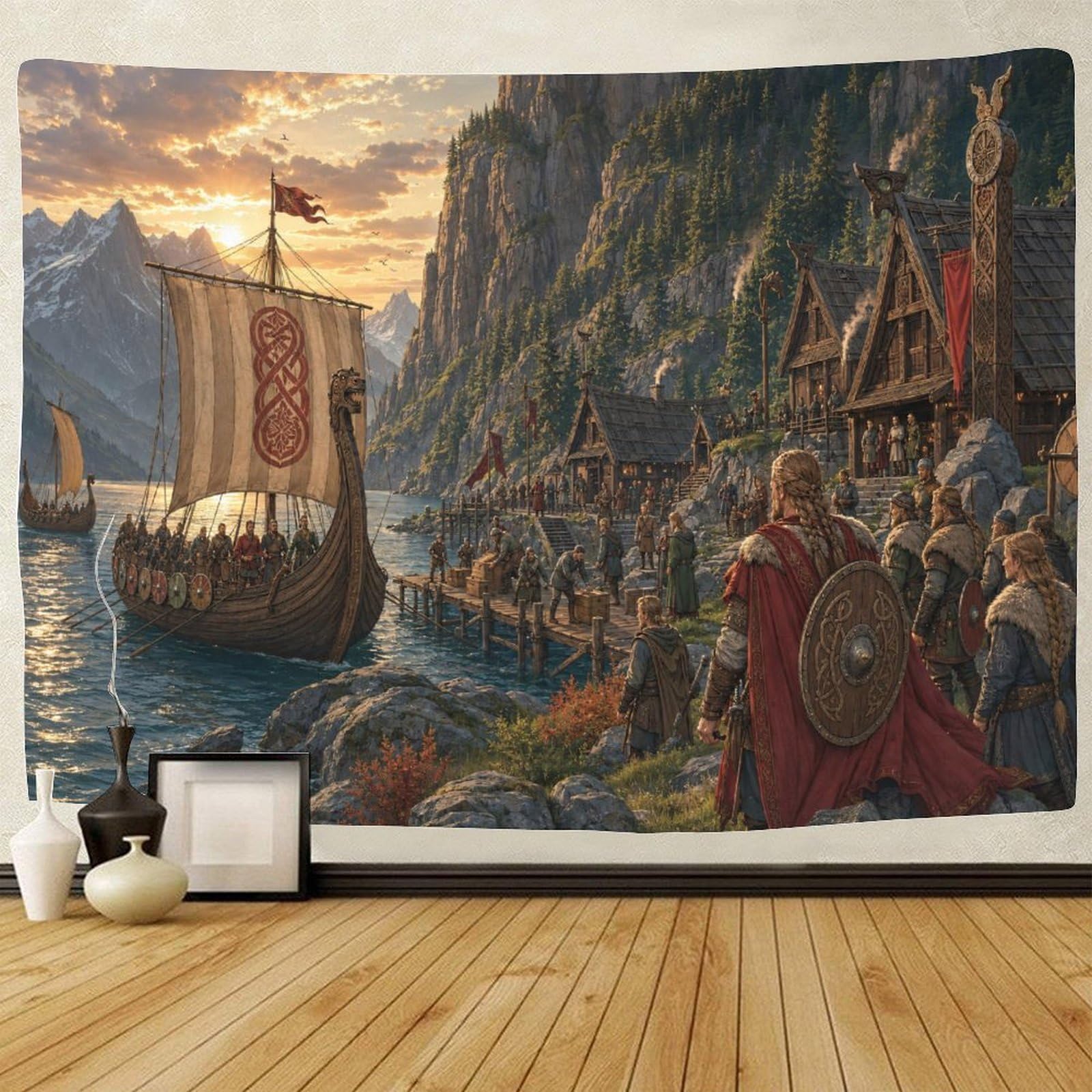 ASDFGHJKLZA Viking Longship Nordic Fjord Village Wall Hanging Decor 3D Print Tapestry for Bedroom Tapestries Poster Curtain Bedroom College Dorm 180cmx230cm