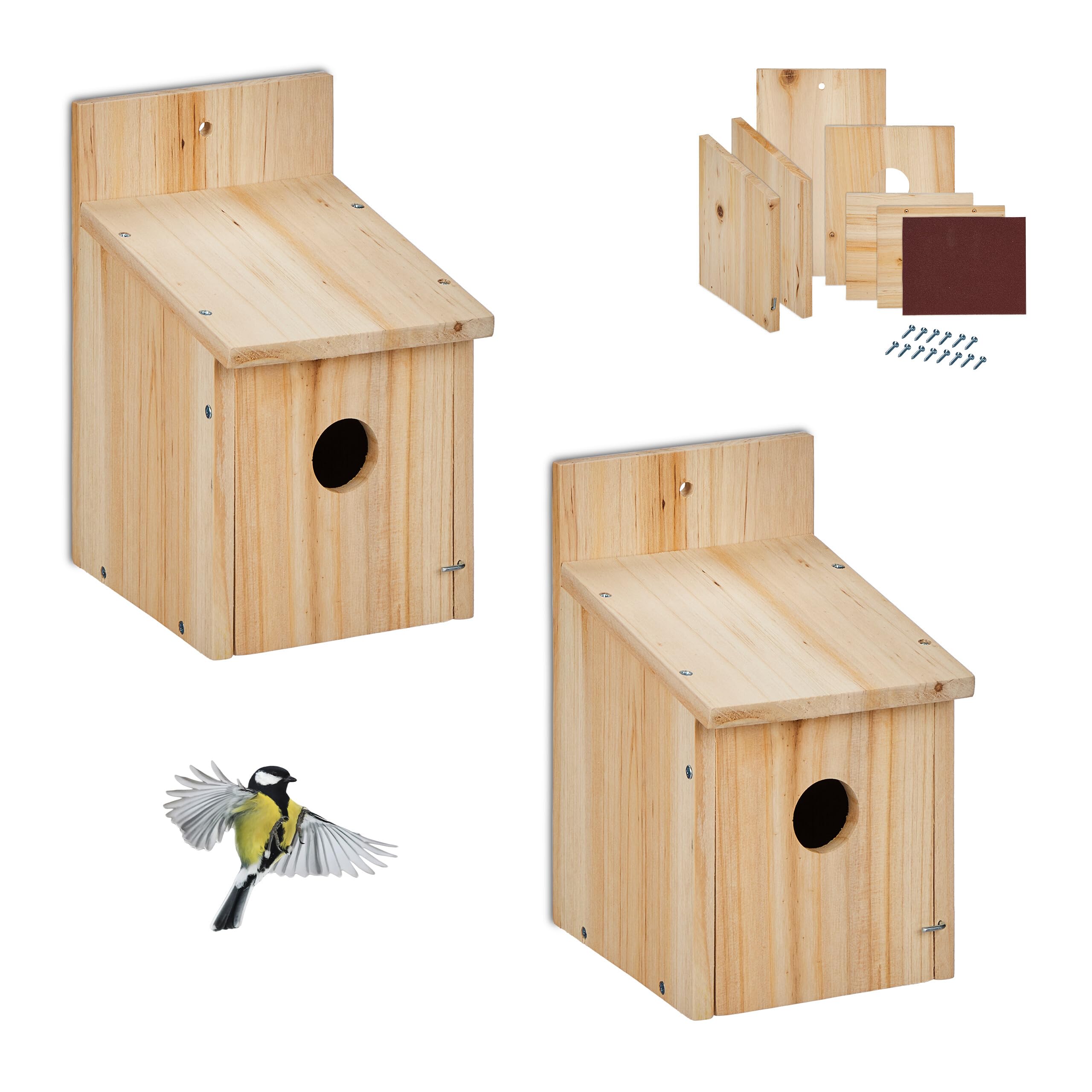 Relaxdays Nesting Box Kit, Set of 2, DIY Bird House, 35 mm Entrance Hole, HWD 23x14x18 cm, Garden & Patio, Wood, Natural