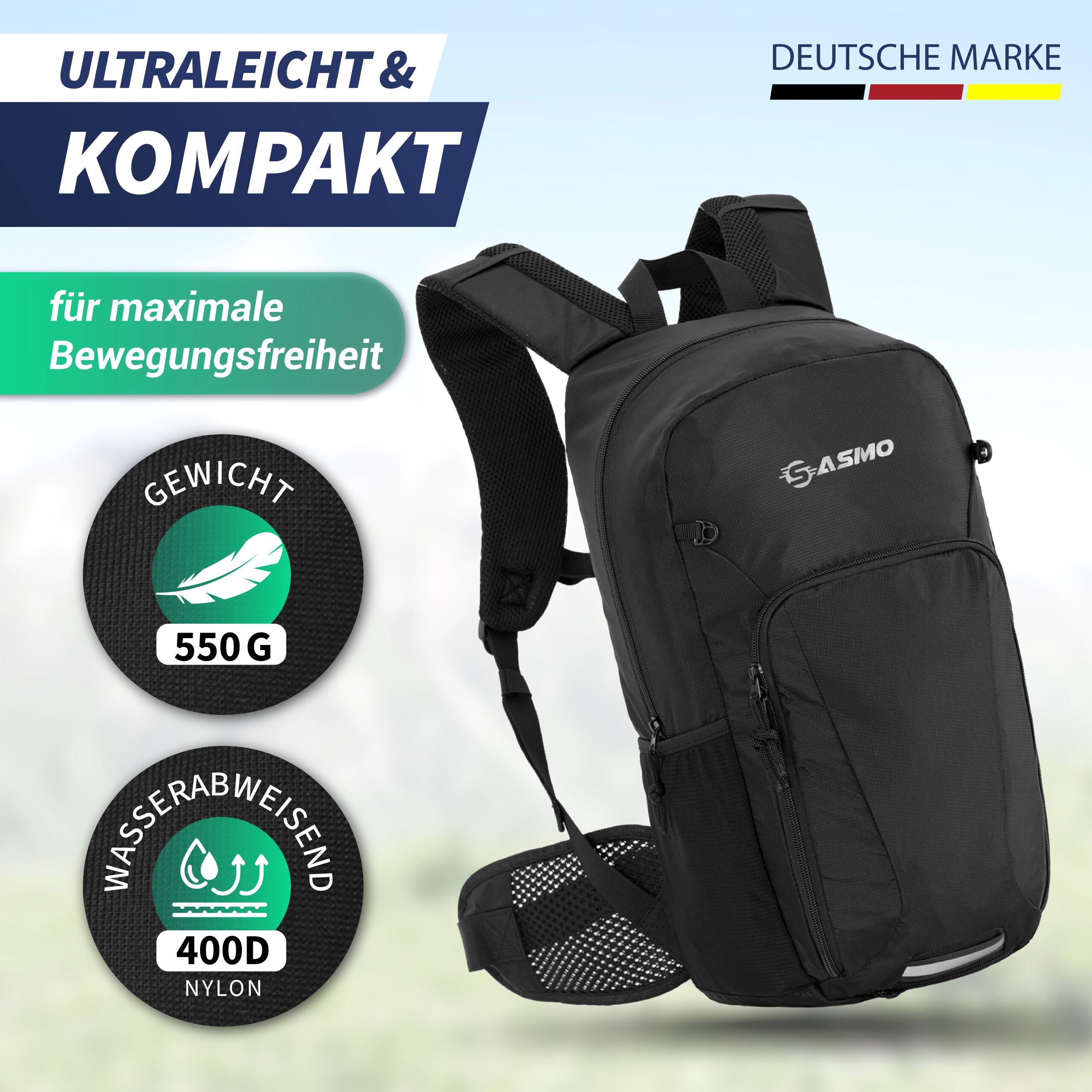 SASMO® Fahrradrucksack 20L / 25L -inkl. Gurttasche, Thermofach, Helmnetz | MTB Rucksack - Ultraleicht | Fahrrad Rucksack wasserdicht - Regenschutz | Trinkrucksack Fahrrad für Tages Trips