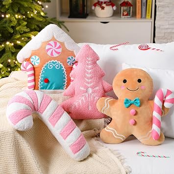 Yuntau 4 Pcs Pink Gingerbread Christmas Throw Pillows Pink Candy House Pillow Pastel Gingerbread Throw Pillows Christmas Decorative Furry Faux Fur Pillow for Couch Sofa Xmas Party Decor Room Gift