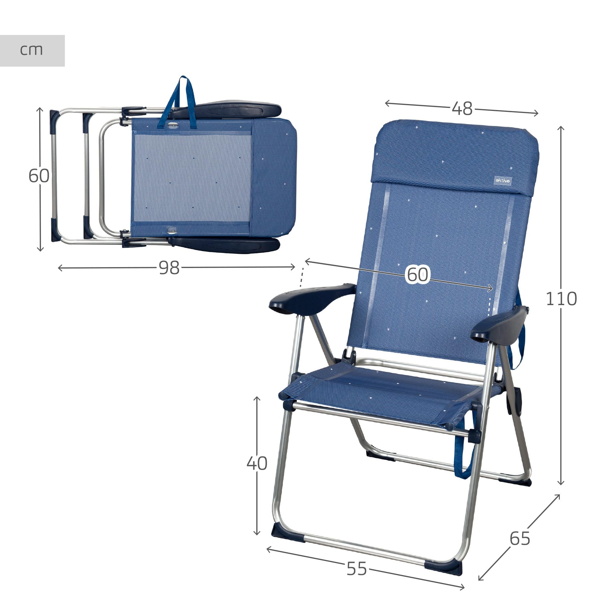 AKTIVE Lot de 2 chaises de Plage Pliantes, Aluminium et textilène, Dossier 4 Positions, Charge de 110 kg, poignées de Transport, Couleur Bleue, modèle La Palma (62414)