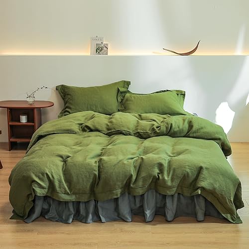 Simple&Opulence Juego de funda de edredón 100% lino con bordado lavado, 3 piezas (1 funda de edredón y 2 fundas de almohada) con cierre de botón,