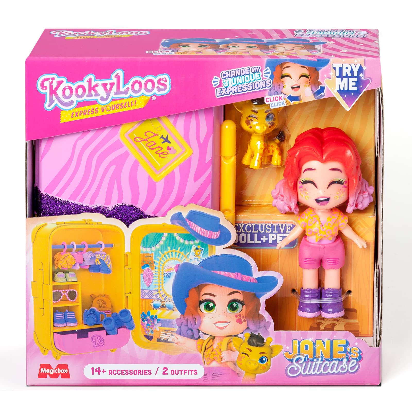 KOOKYLOOS Jane's Suitcase walizka dla lalek z ponad 14 akcesoriami modowymi i ekskluzywną lalką z 3 zabawnymi wyrazami, w zestawie ubrania, akcesoria i buty, wieszaki i ekskluzywne zwierzę
