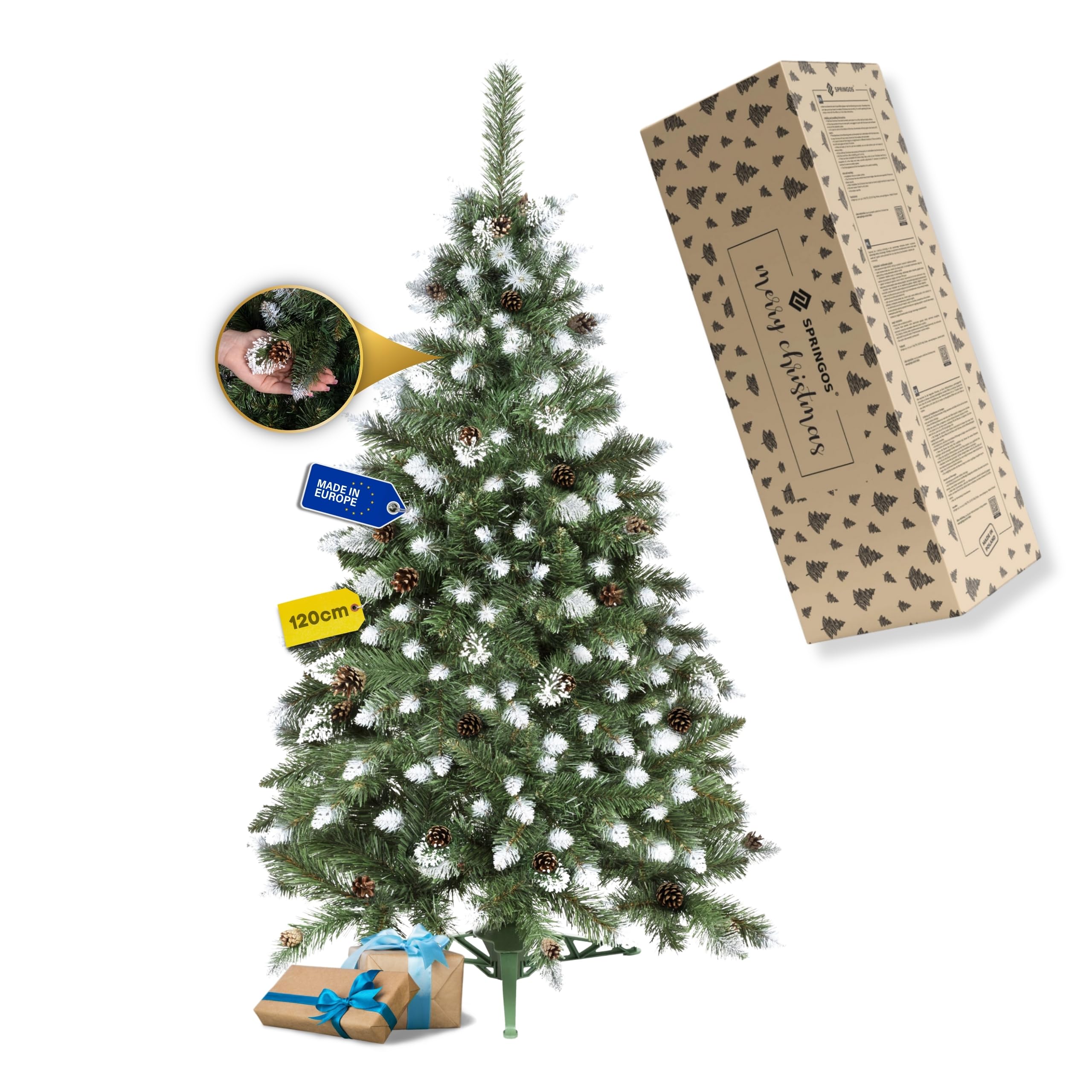 SPRINGOS Sapin de Noël artificiel en pin diamanté, neige artificielle, véritables cônes, 120 cm