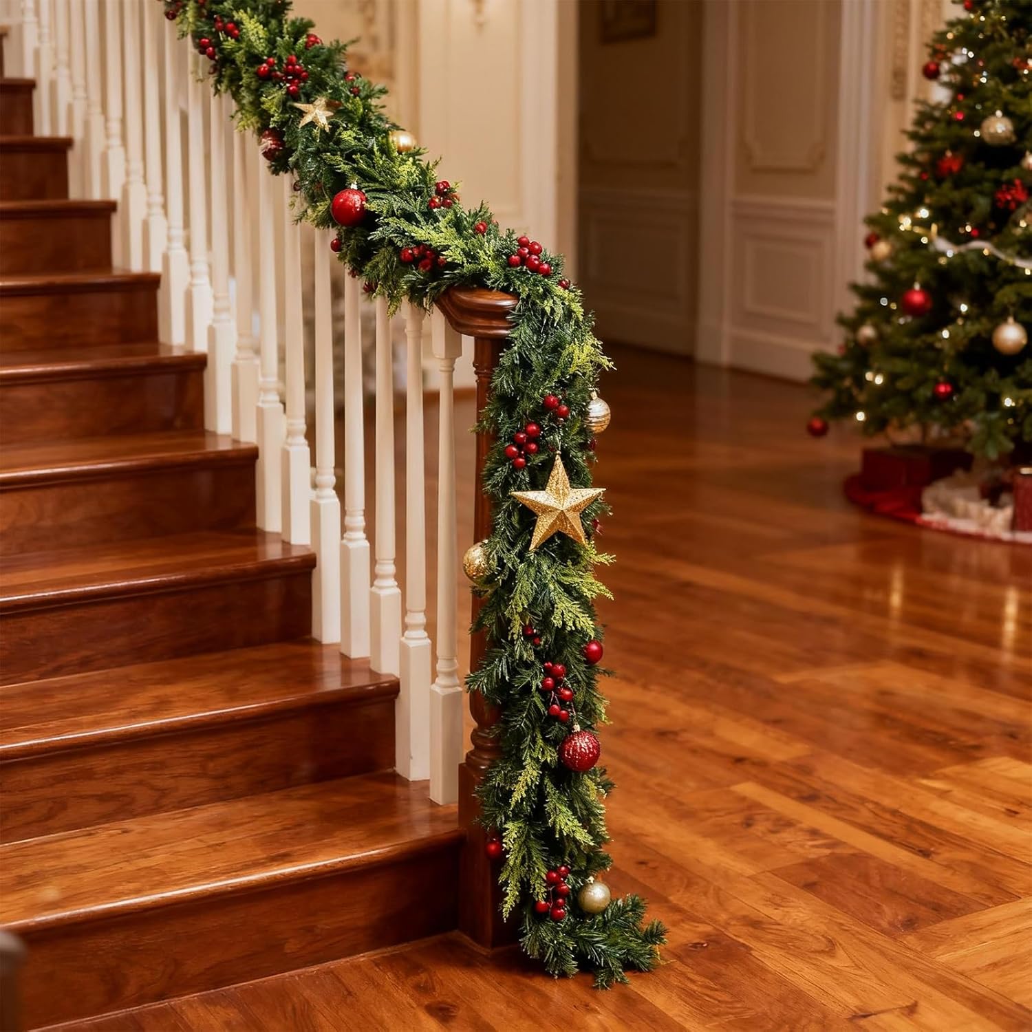 Christmas Cedar Garland with Red Berries, 9FT Real Touch Artificial Greenery Garlands, Reusable Holiday Garland for Fireplace Mantle, Stair Railing, Window, Door & Indoor Christmas Decorations - Image 6