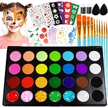 Face Painting Kit for Kids 28 Colors Water Based Non Toxic Face Paint Kit Professional Face Paint 6 colors Glitter Gel Hypoallergenic with Brushes Stencils Gems Sponges Safe for Halloween Party