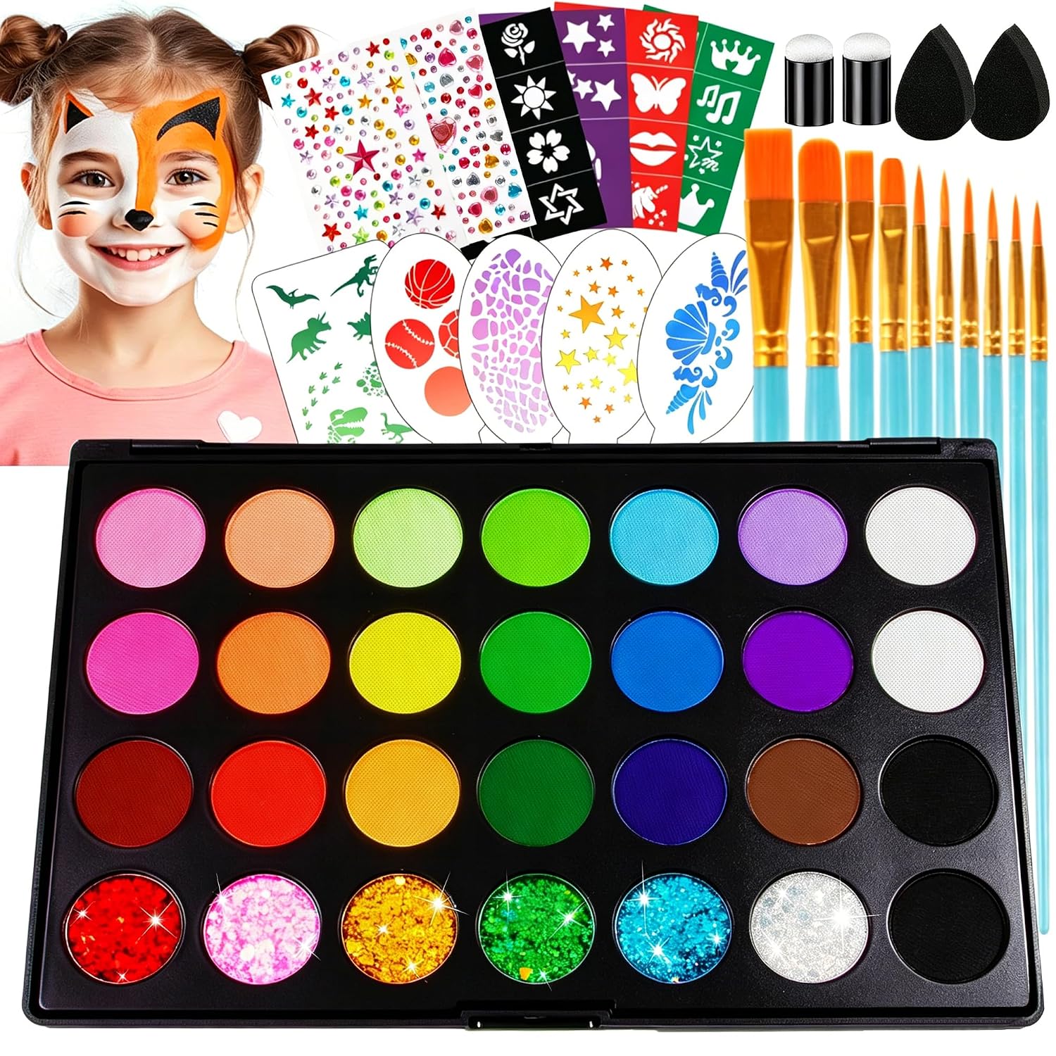 Face Painting Kit for Kids 28 Colors Water Based Non Toxic Face Paint Kit Professional Face Paint 6 colors Glitter Gel Hypoallergenic with Brushes Stencils Gems Sponges Safe for Halloween Party
