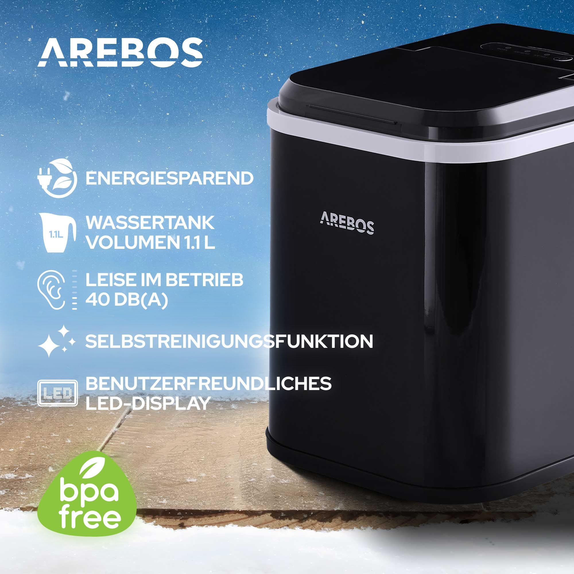 Arebos Eiswürfelmaschine 12 kg/24h | Ice Cube Maker R600a | 8 Eiswürfel in 10 Min | 1,1L Tank | Selbstreinigend & Leise | inkl. Schaufel & Behälter | Eiswürfelbereiter mit Sichtfenster | Schwarz