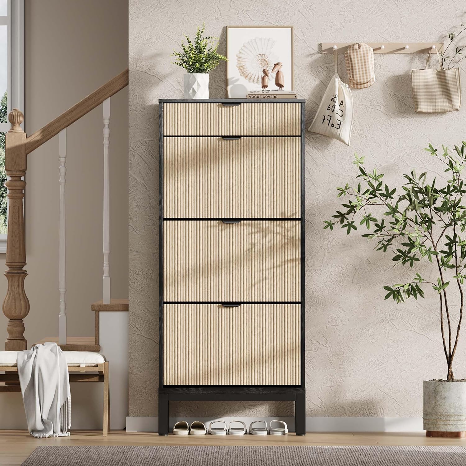 GAOMON Shoe Storage Cabinet with 3 Flip Drawers & 1 Storage Drawer, 24'' W Narrow Shoe Cabinet with Adjustable Shelf for Entryway,Freestanding Modern Wood Shoes Organizer for Hallway,Black Oak