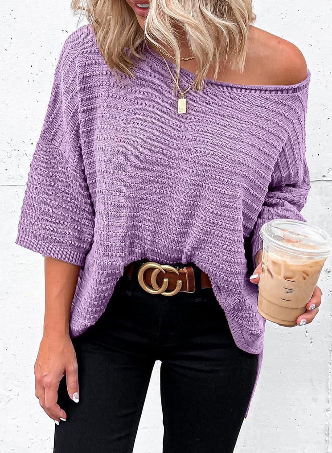 Dokotoo Women's Casual 3/4 Sleeve Loose Tunic Tops Lightweight Knit Spring Summer Sweater Blouses - Image 2