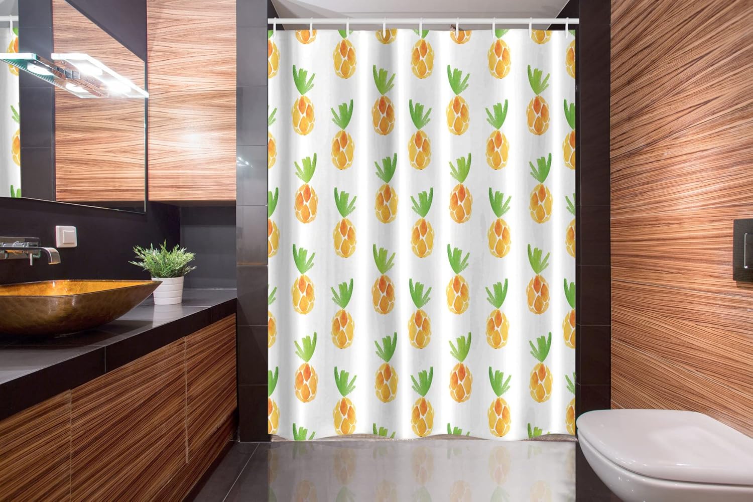 Ambesonne Pineapple Stall Shower Curtain, Pattern with Pineapples Snack Harvest Season Watercolor Painting Effect, Fabric Bathroom Decor Set with Hooks, 54" W x 78", Marigold Fern Green