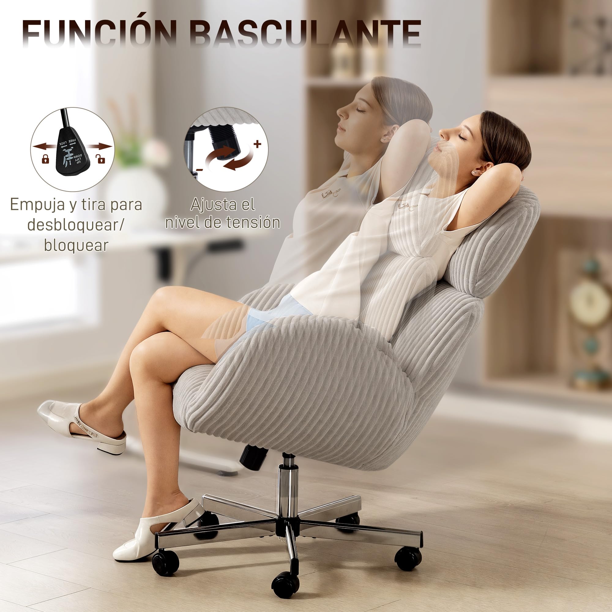 HOMCOM Silla de Oficina Piernas Cruzadas Reposabrazos Respaldo Alto Gris | Silla de Escritorio, Reposacabezas Regulable, Ruedas, Altura Ajustable, Giratoria, Función Basculante, Tapizada en Pana
