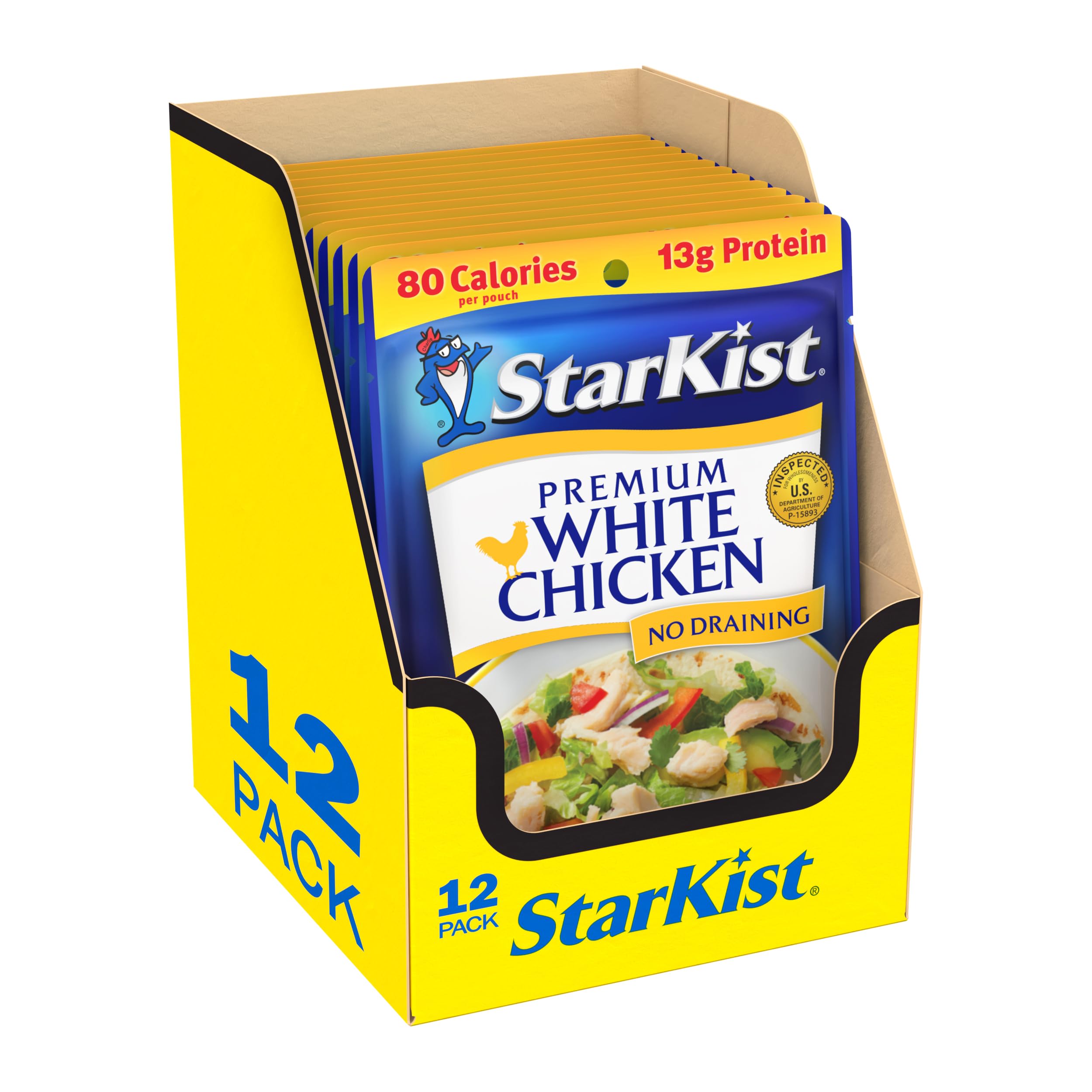 StarKist Premium White Chicken, 2.6oz Pouch, 12-Pack | 13g Protein Per Serving, Fully Cooked Meat, Gluten Free, Soy Free, No Draining, Ready to Eat for Salad and Sandwiches