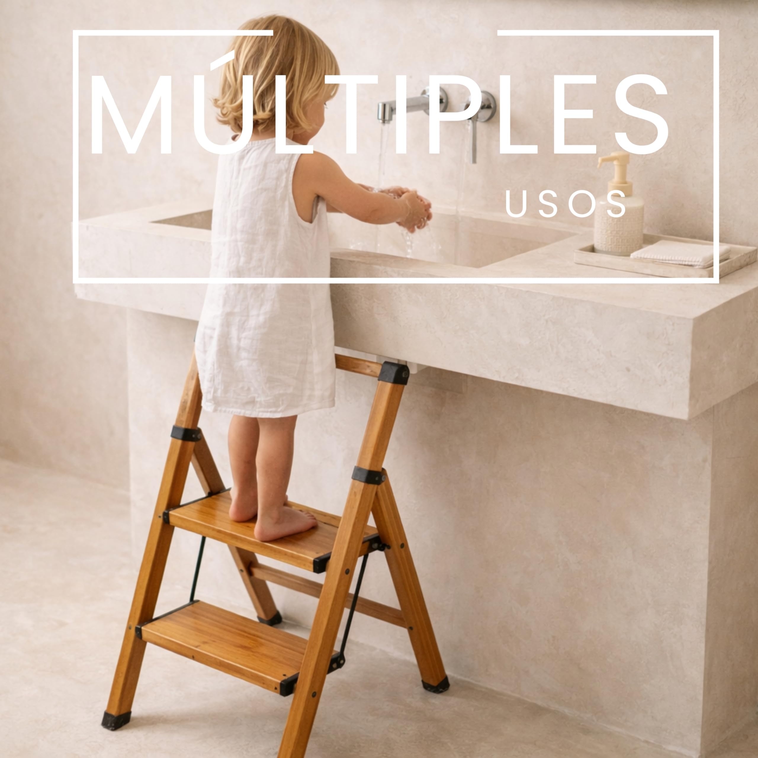 Escalera Plegable de Aluminio Efecto Madera para hogar y Cocina, 2 peldaños, peldaños Anchos Antideslizantes, EN 131