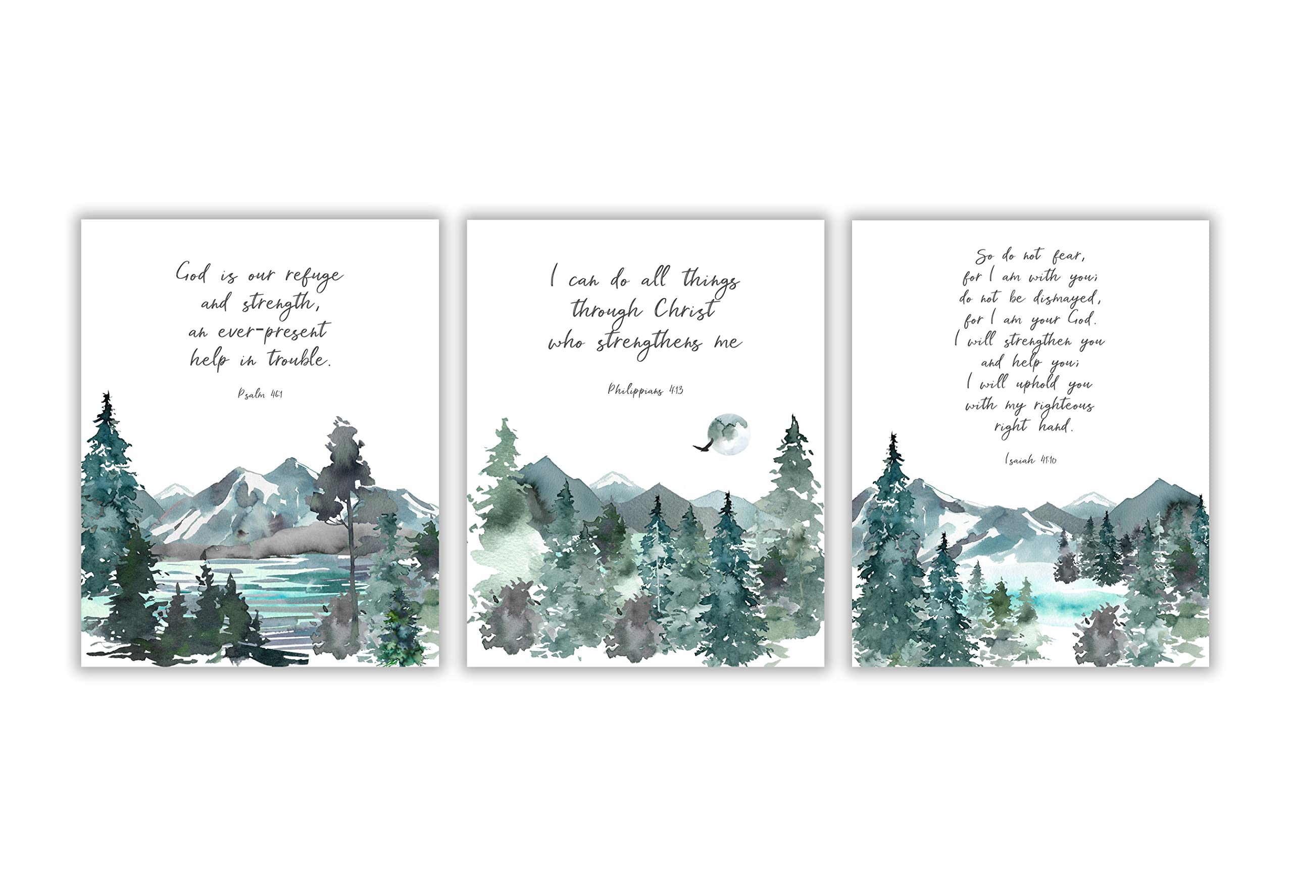 Christian Wall Art Scripture Watercolor Mountain 3 Print Set 8x10 UNFRAMED, Bible Verse Gift Quote, Crafty Cow Design