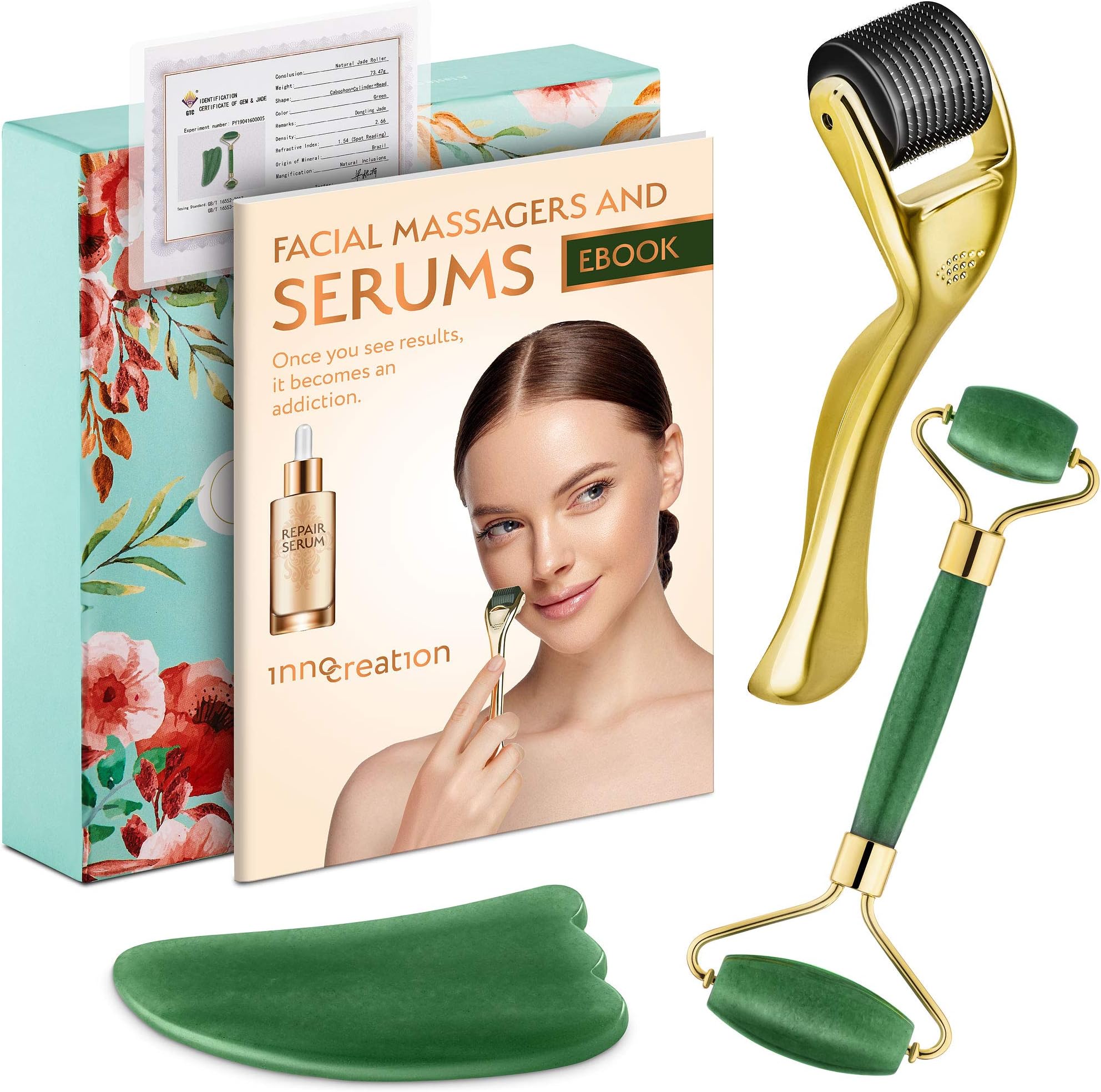 Derma Roller, 100% Natural Jade Roller & Gua Sha | Anti-aging Facial Skin Care | 540 Titanium Microneedles .25mm