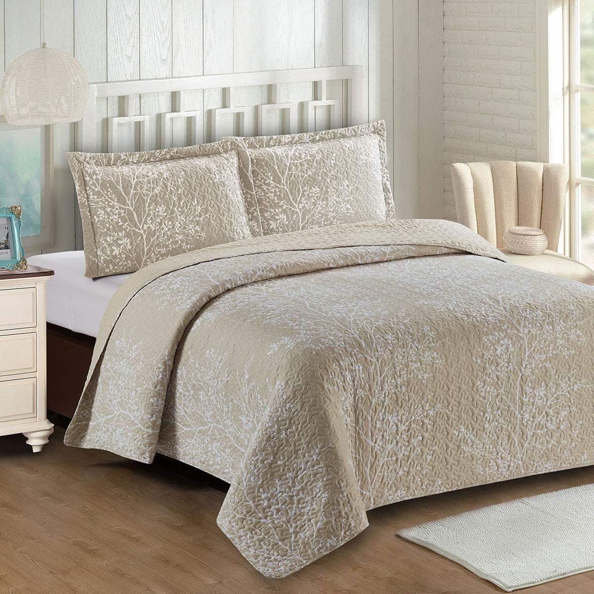 Royal Tradition 7PC Bedspread Set -Queen Size- Odette Beige Printed Quilted Wrinkle-Free Microfiber Includes: 3PC Coverlet Set and 4PC Sheets Set