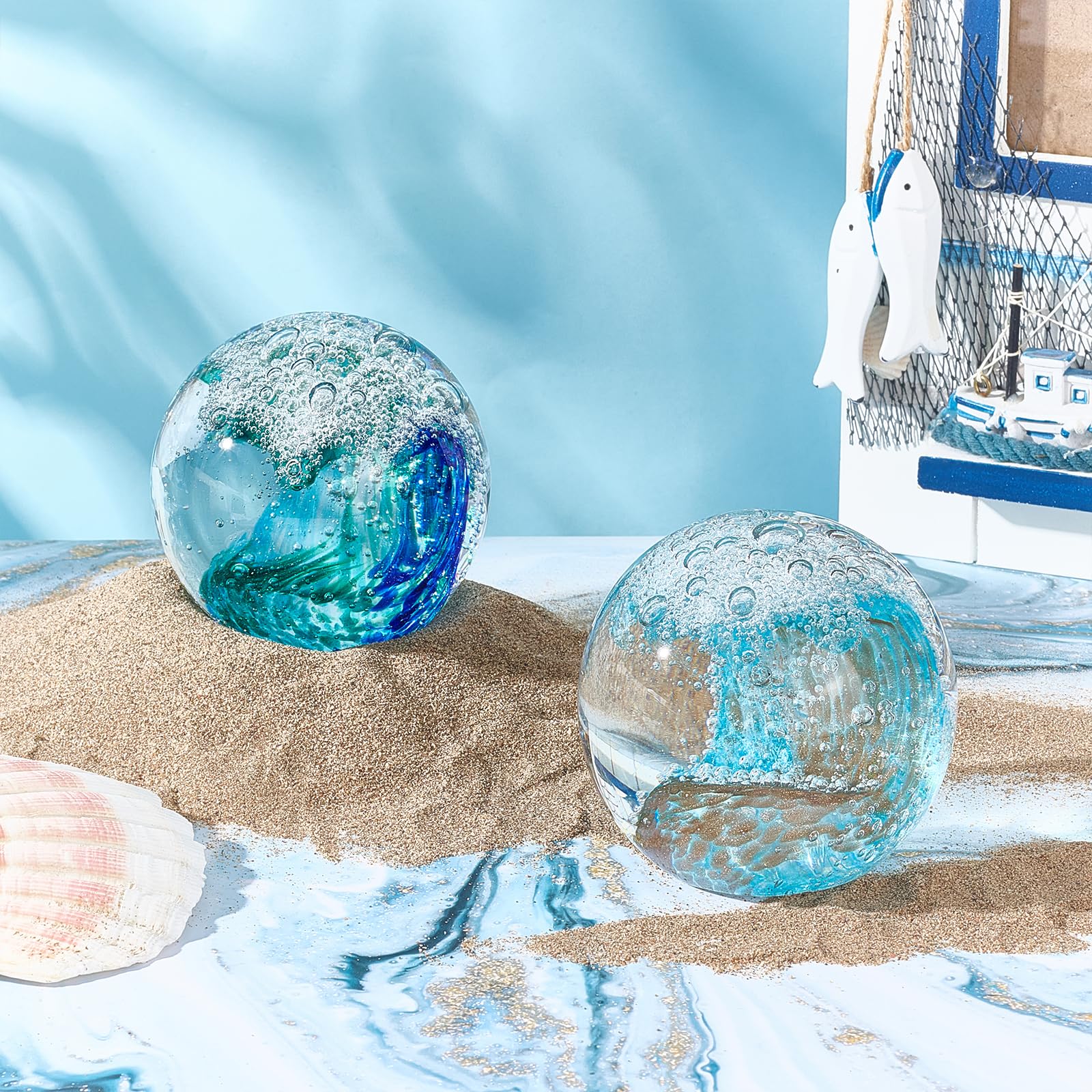 2 Stück Mundgeblasene Glaskugel In Form Einer Ozeanwelle Blaue Meereswellen Kristallfigur Briefbeschwerer Kugelförmiges Kristallkunstwerk Für Zuhause Büro Nautische Dekoration