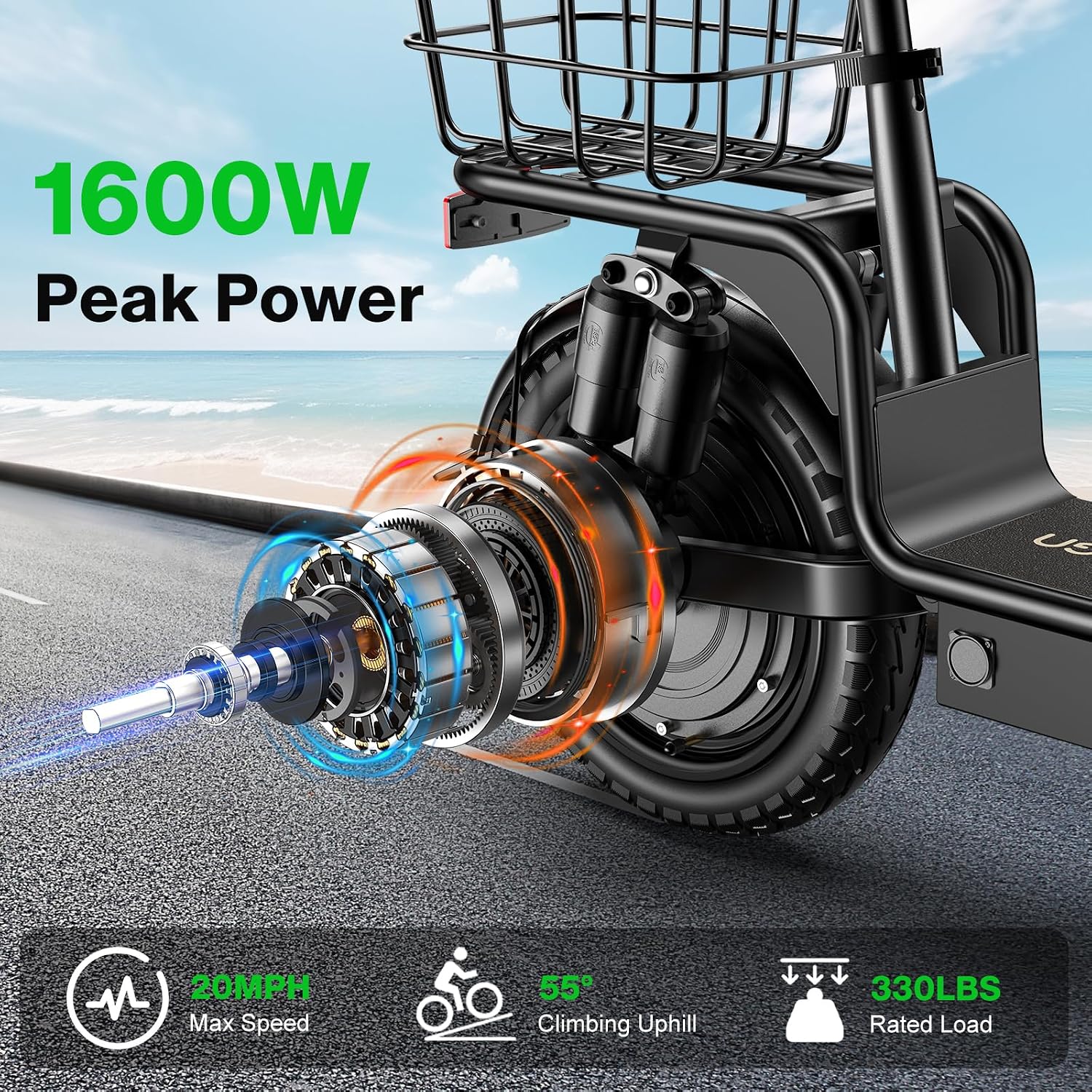 Electric Scooter with Seat for Adults,1800W Peak Power, 42 Mile Long Range, 20MPH, 14" Tires,Off-Road Foldable Commuter E-Scooter with Basket for Pets Dogs and Items, 330lbs Max Load.UL 2272