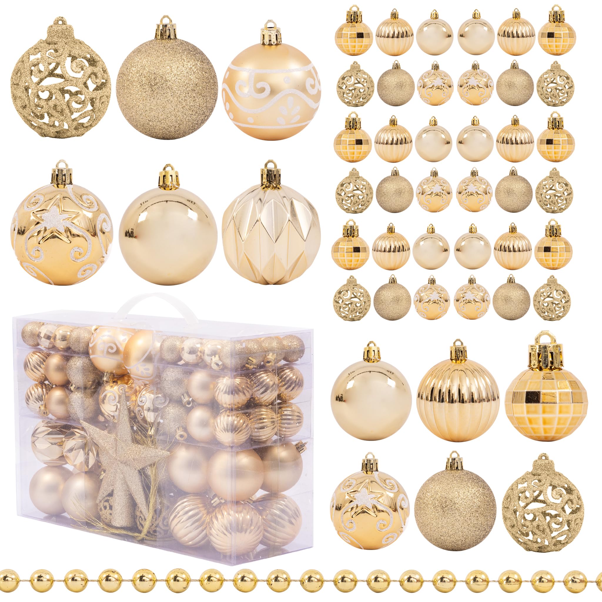 Evelay Gold Christmas Tree Decoration Set 100 Pieces - Baubles, Star Topper & Bead Garland - Glitter, Matte & Metallic Ornaments (Gold)