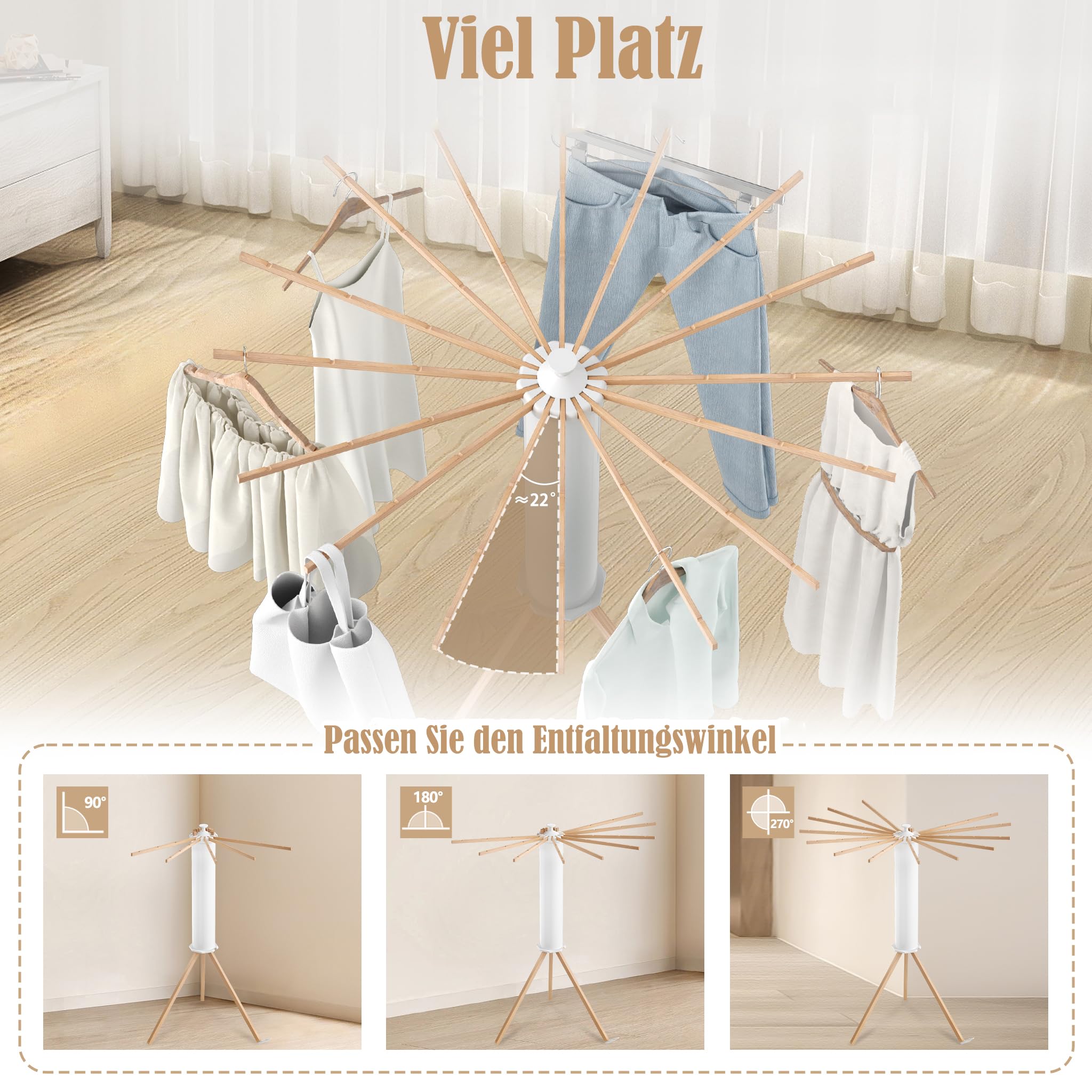 FIVMEN Tendedero plegable - Ahorra espacio, portátil con trípode y 16 barras para secar la ropa - Ventilador de ropa de gran capacidad para balcón, lavandería, baño, madera