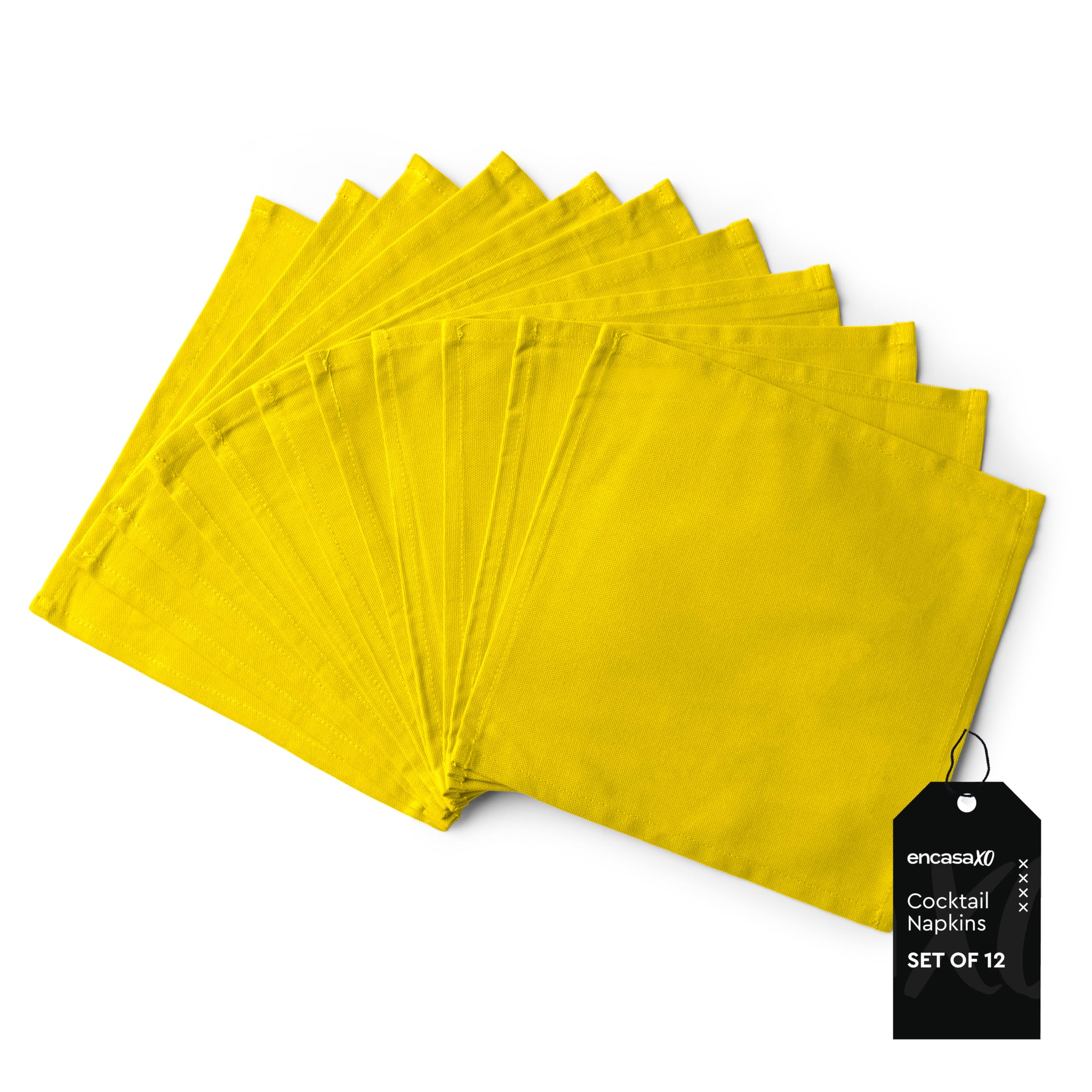 Encasa XO Cocktail Cloth Napkins Set of 12 | Pure Cotton Table Napkin | Size 23x23 cm | Sunbeam Yellow Solid | Machine Washable