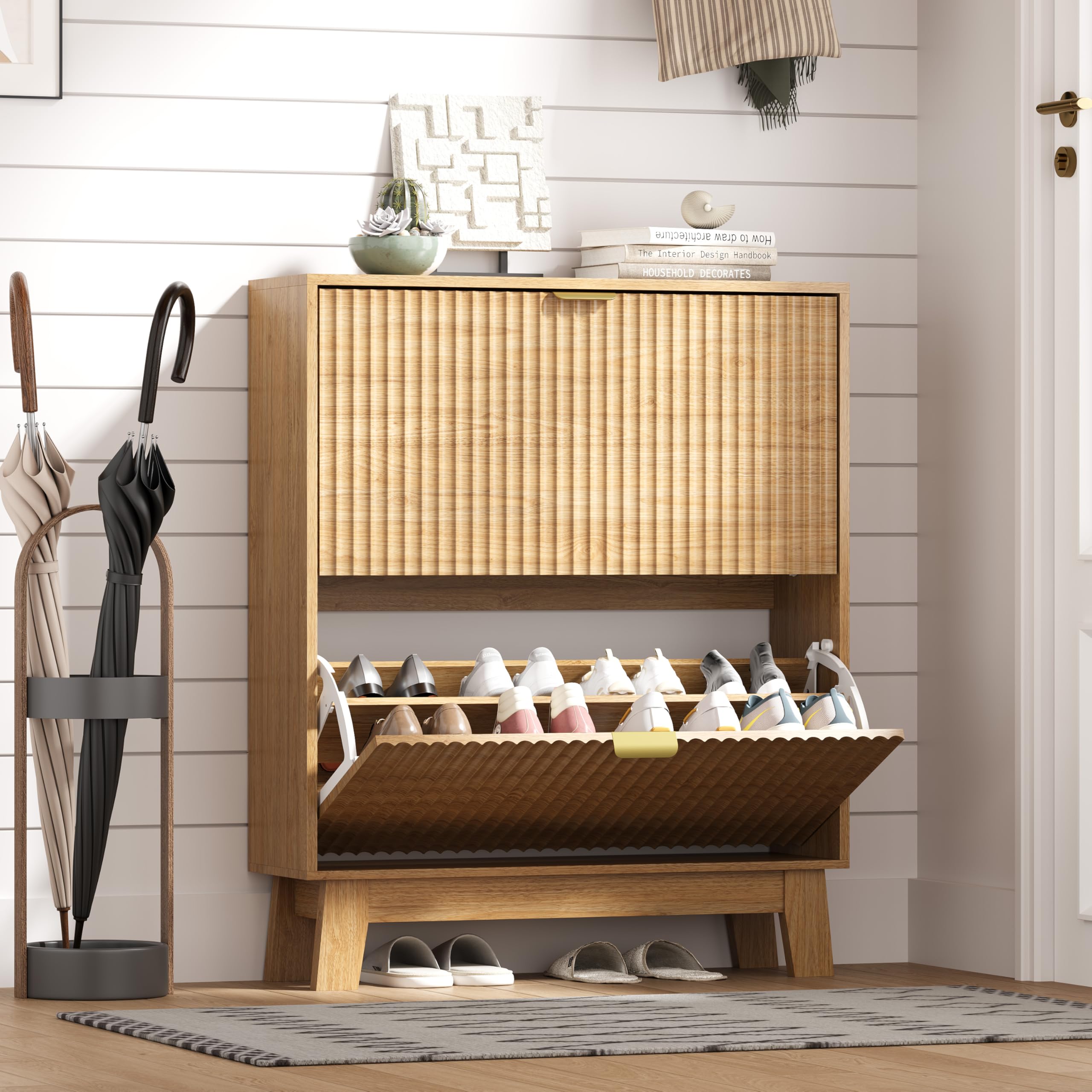 HUANLEGO Shoe Cabinet Storage for Entryway with 2 Flip Drawers, Fluted Narrow Shoe Organizer with Wooden Legs, Freestanding Slim Shoe Storage Hidden Shoe Rack Organizer for Front Door Entrance, Oak