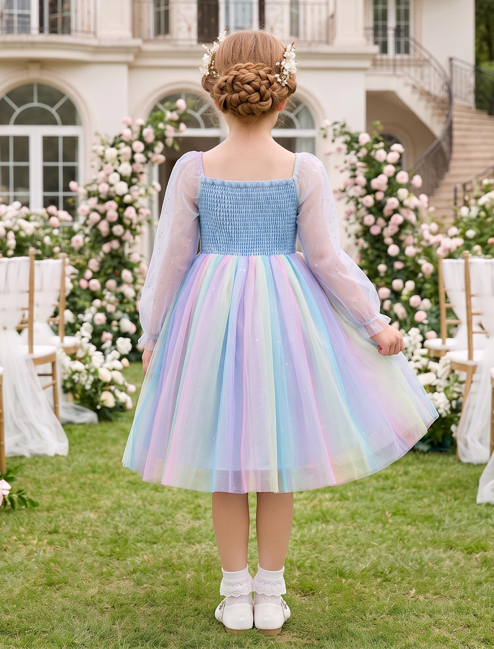 OBEEII Mädchen Prinzessin Langarm Regenbogen Party Tüll Kleid