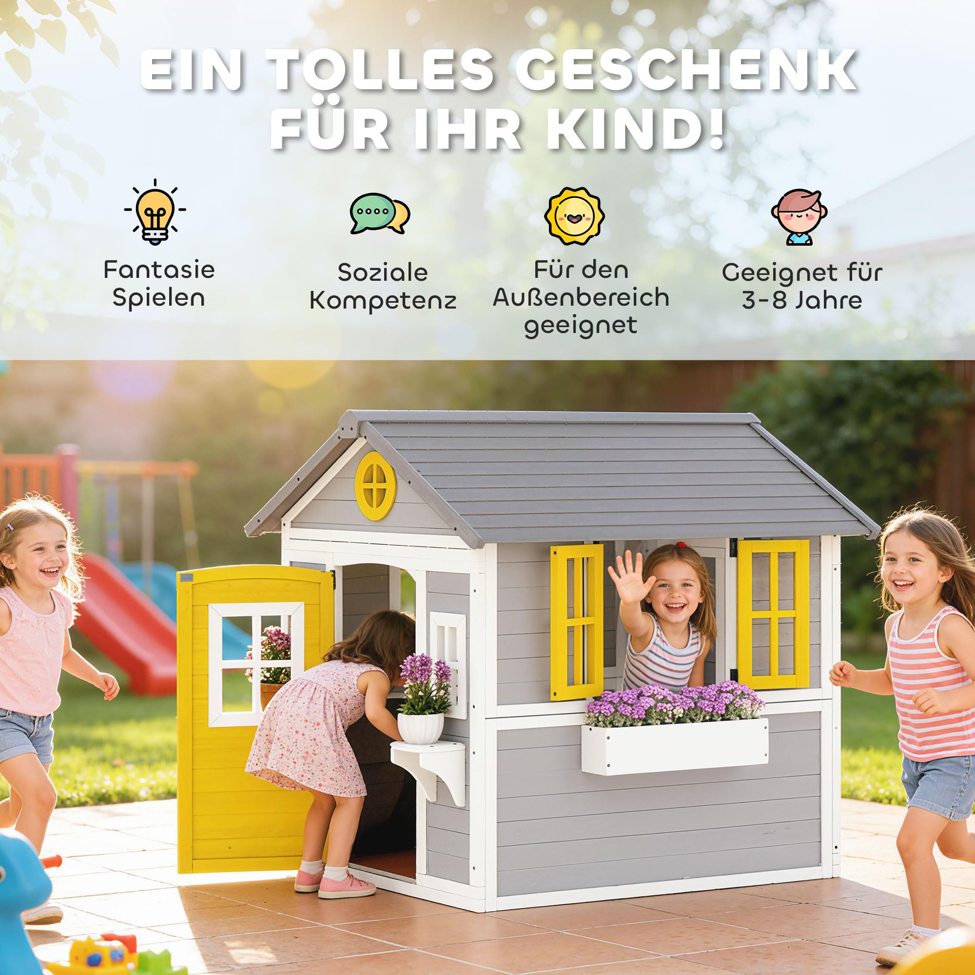 Outsunny Spielhaus Kinderspielhaus aus Holz mit Tür 6 Fenster 2 Blumenkästen Wetterfestes Gartenhaus für Kinder 3-8 Jahre Grau