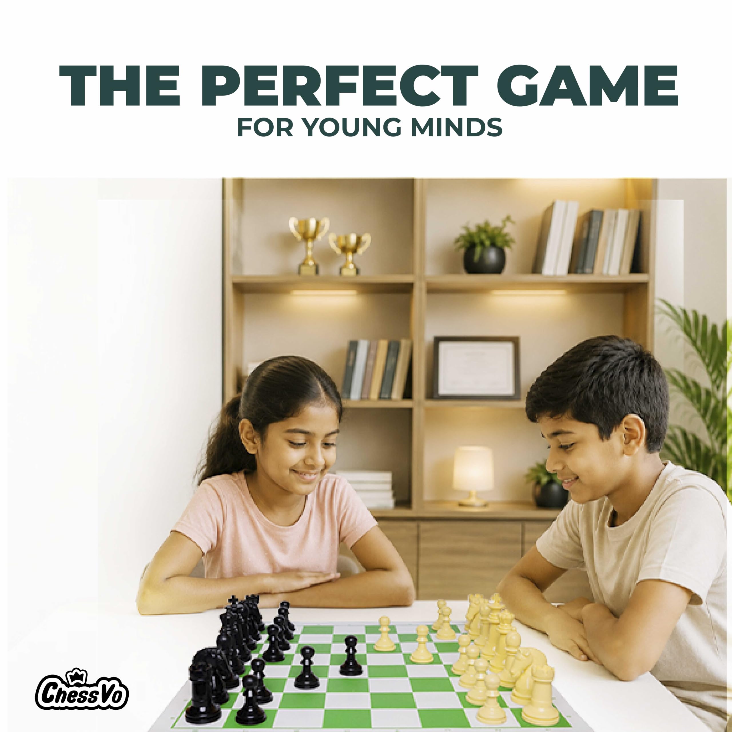 ChessVo Tournament Chess Set | 18x 18inch Mat |4X Weighted Chess Pieces with Steel Bottom Velvet Base | 1.5Kg Premium Chessmen |Big Size | Roll-Up Green Vinyl Board |100% Virgin Plastic |Carry Pouch 3
