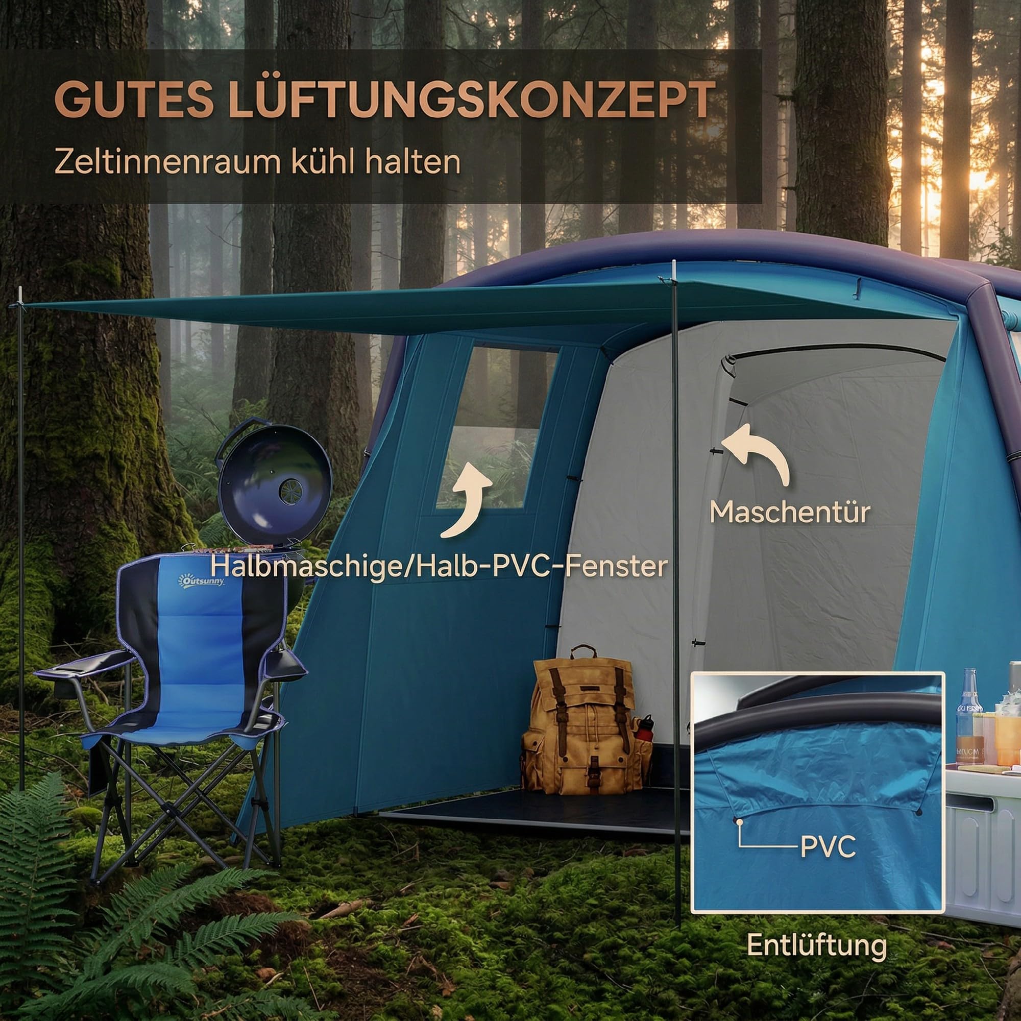 Outsunny Aufblasbares Zelt für 3–6 Personen Outdoor Campingzelt Familienzelt Luftzelt Glamping Zelt für 3 Jahreszeiten mit Luftpumpe UV50+ Winddicht Schneller Aufbau