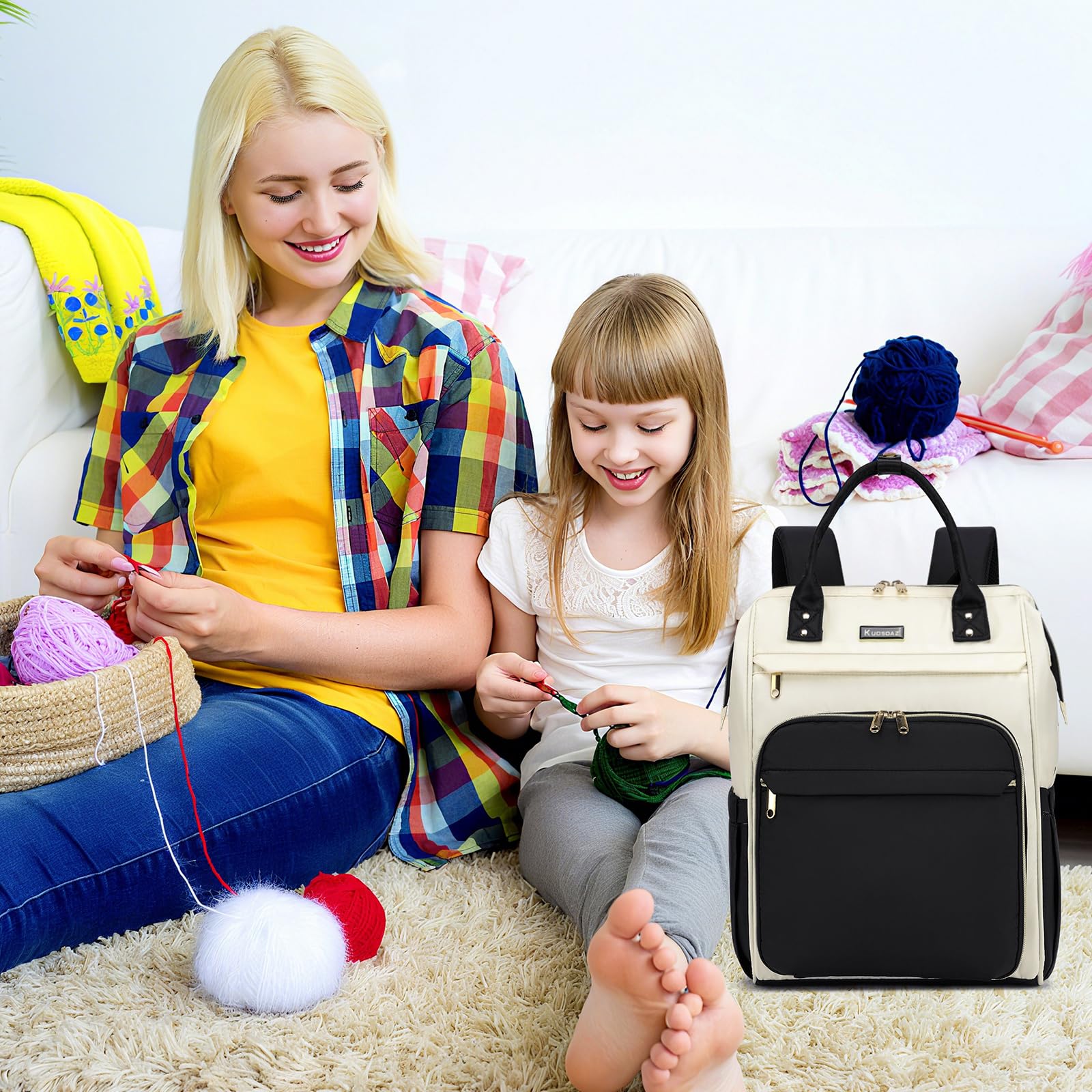 Kuosdaz Crochet Bag Backpack, Large Yarn Storage Crochet Organizer, Christmas Gifts Travel Crochet Backpack for Women, Knitting & Crochet Accessories for Crochet Hooks, Black & White