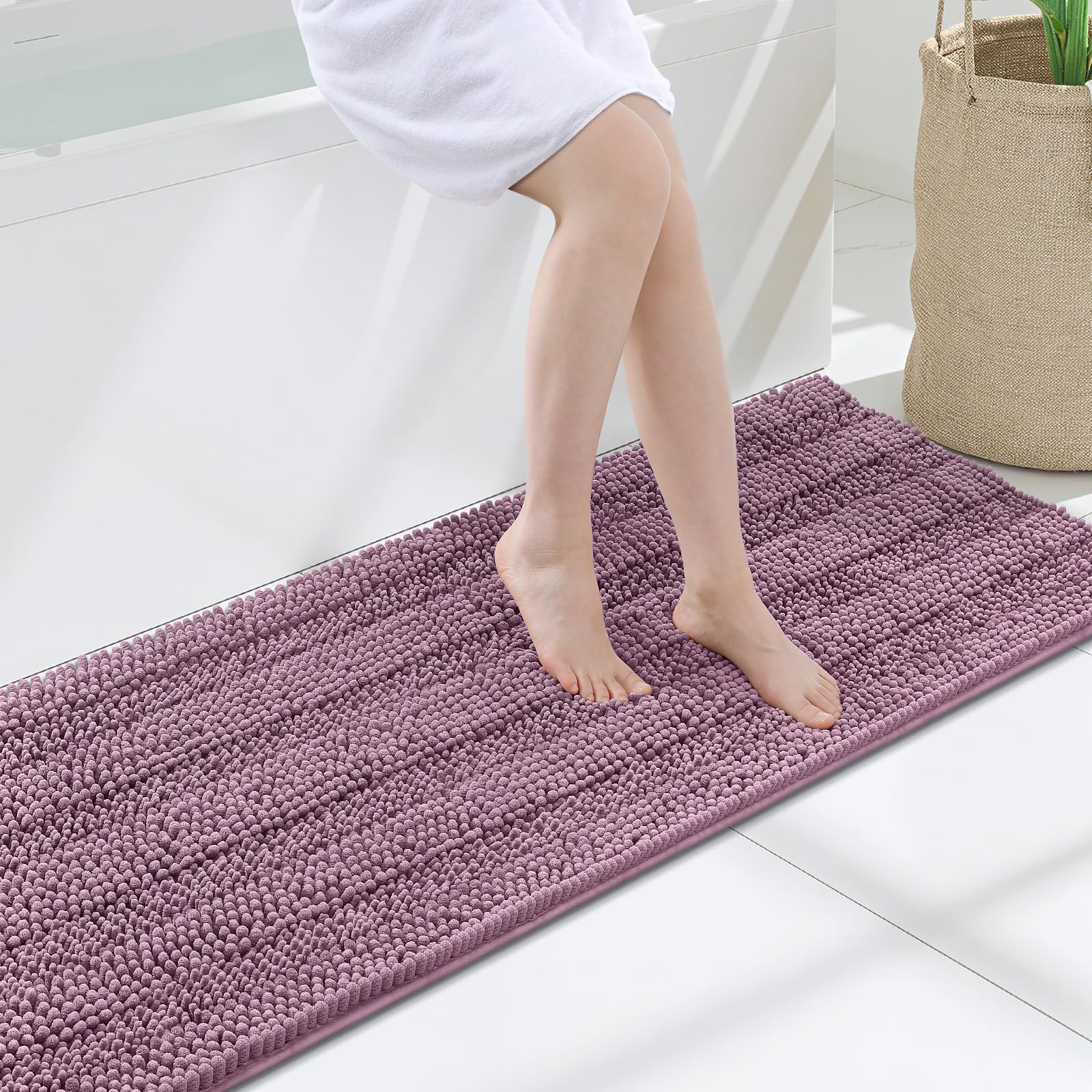 Grandaily Chenille Bathroom Rugs 47x17, Soft Absorbent Bath Mats, Deep Plum
