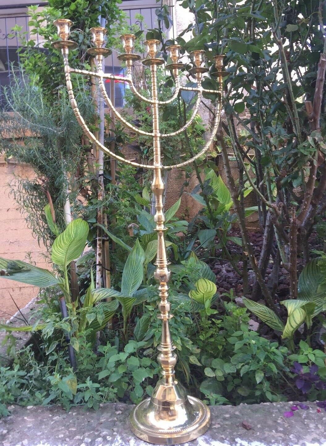 Brass Menora Traditional Candelabra | Temple Style Menorah | Large Standing Judaica Decor | 39" Tall (99cm) | Golden Finish