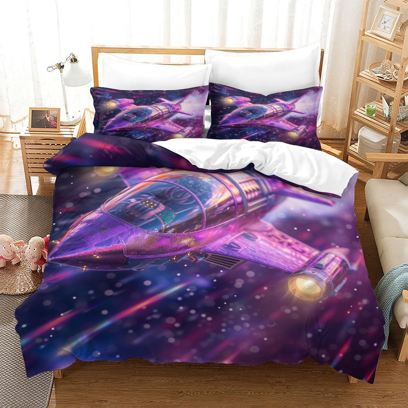 Taie d'oreiller et Housse de Couette 3D Vaisseau Spatial 260x220cm pour grand lit adulte