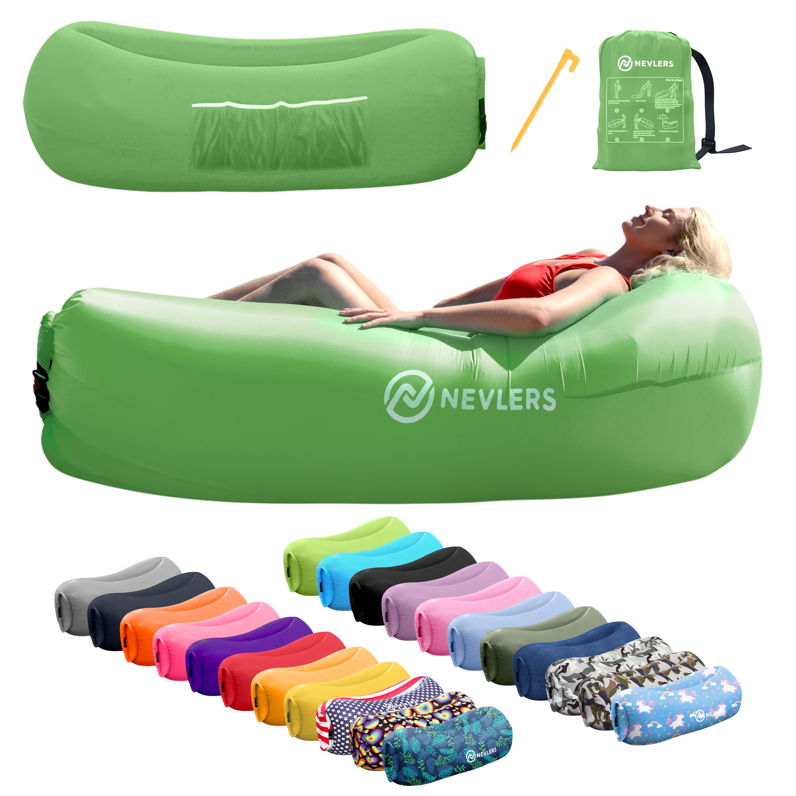 Nevlers Inflatable Lounger | 210T Polyester Inflatable Chair | No-Pump Blow Up Couch | Camping Couch Air Sofa Bed w/ 450 lbs. Cap., Pockets & Matching