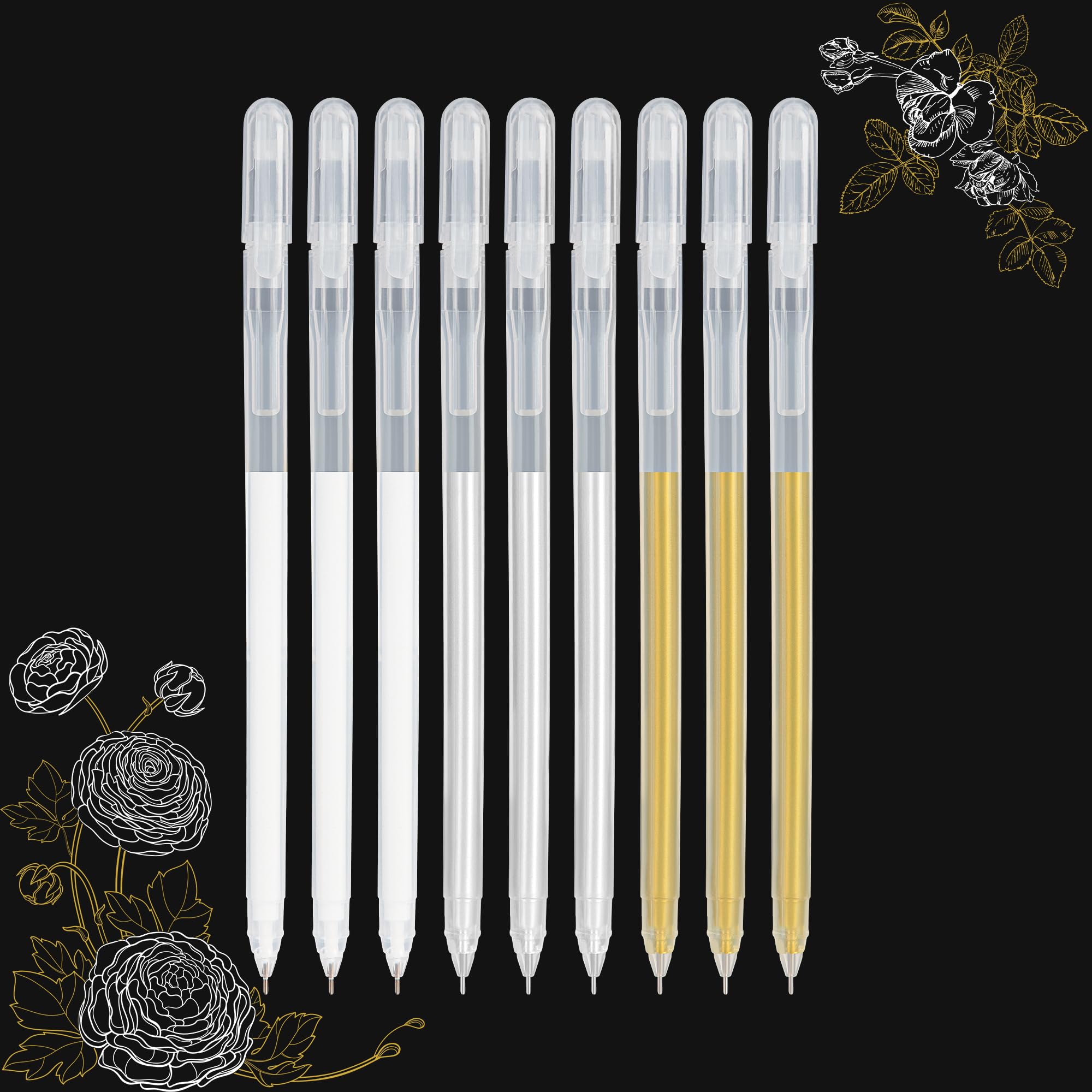 SMOOTHERPRO White Gold Silver Gel Pen Set, 9 Pack 0.6mm Highlight Gel Ink Pen, Art Liner Drawing Pen for Black Dark Paper Drawing Sketching Design