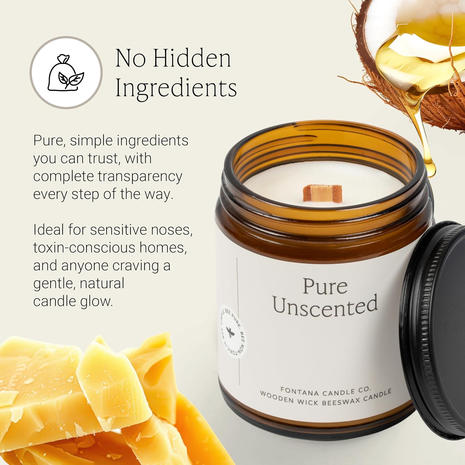 Fontana Candle Co Wood Wick Beeswax Jar Candle, Beeswax and Coconut Oil – Made Safe w/Coconut Oil & Pure Essential Oils – 35+ Hrs Clean Burn, Long Lasting and Non-Toxic Candles for Home & Room Decor