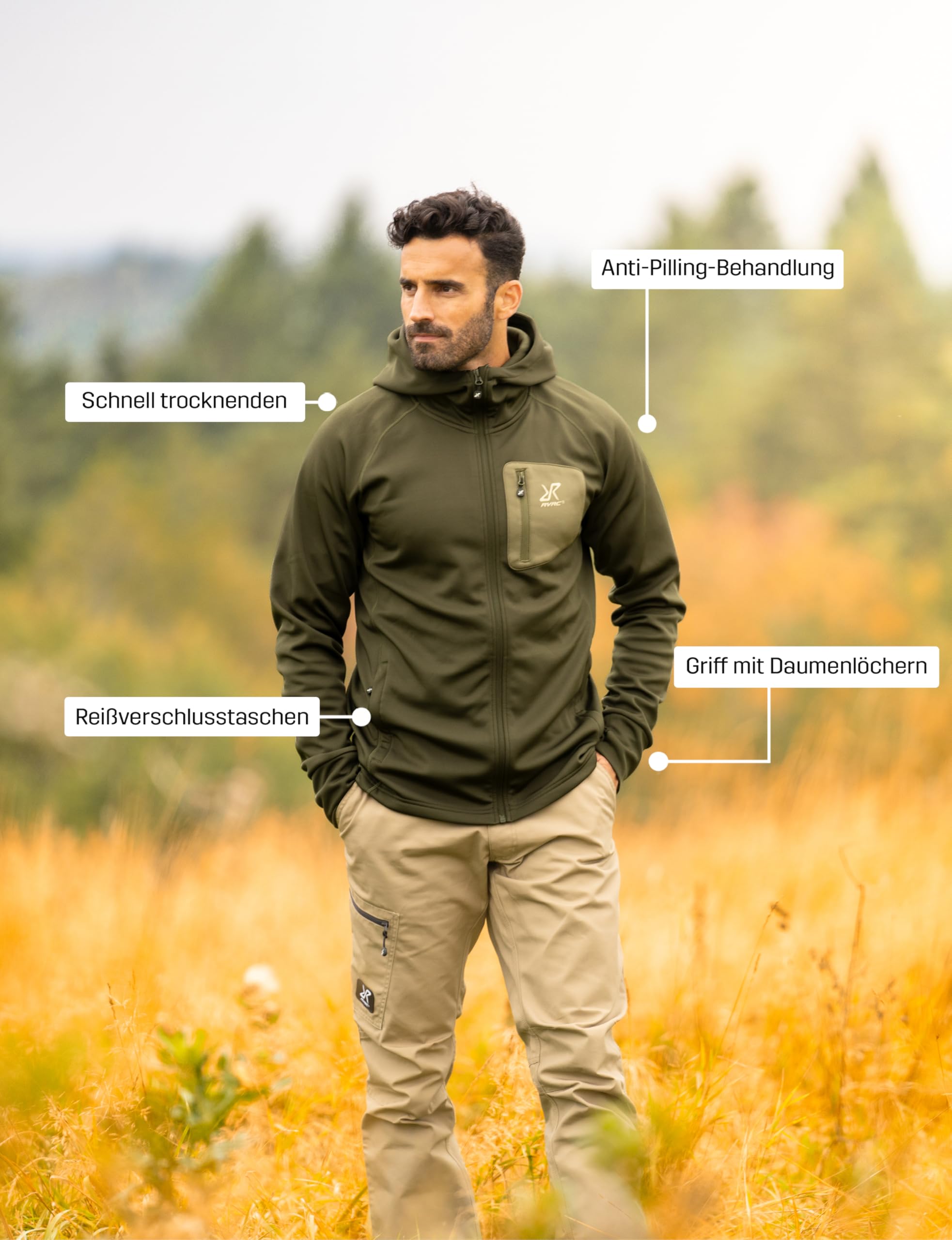 RevolutionRace Evolution Stretch Fleece Hoodie für Herren, Zip Hoodie für Wandern und Outdoor-Aktivitäten