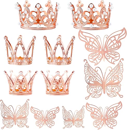 Miniatura 7 de 30 piezas de mini corona para tarta, corona de oro pequeña, mini tiara con decoración de mariposa dorada, mariposas doradas 3D para arreglos